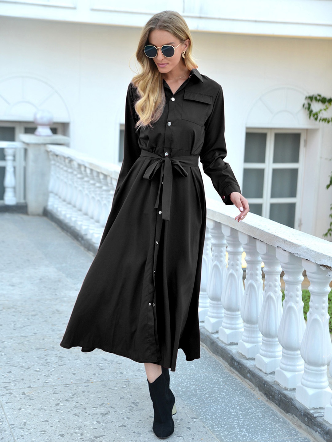 

URBANIC Black Solid Shirt Midi Dress