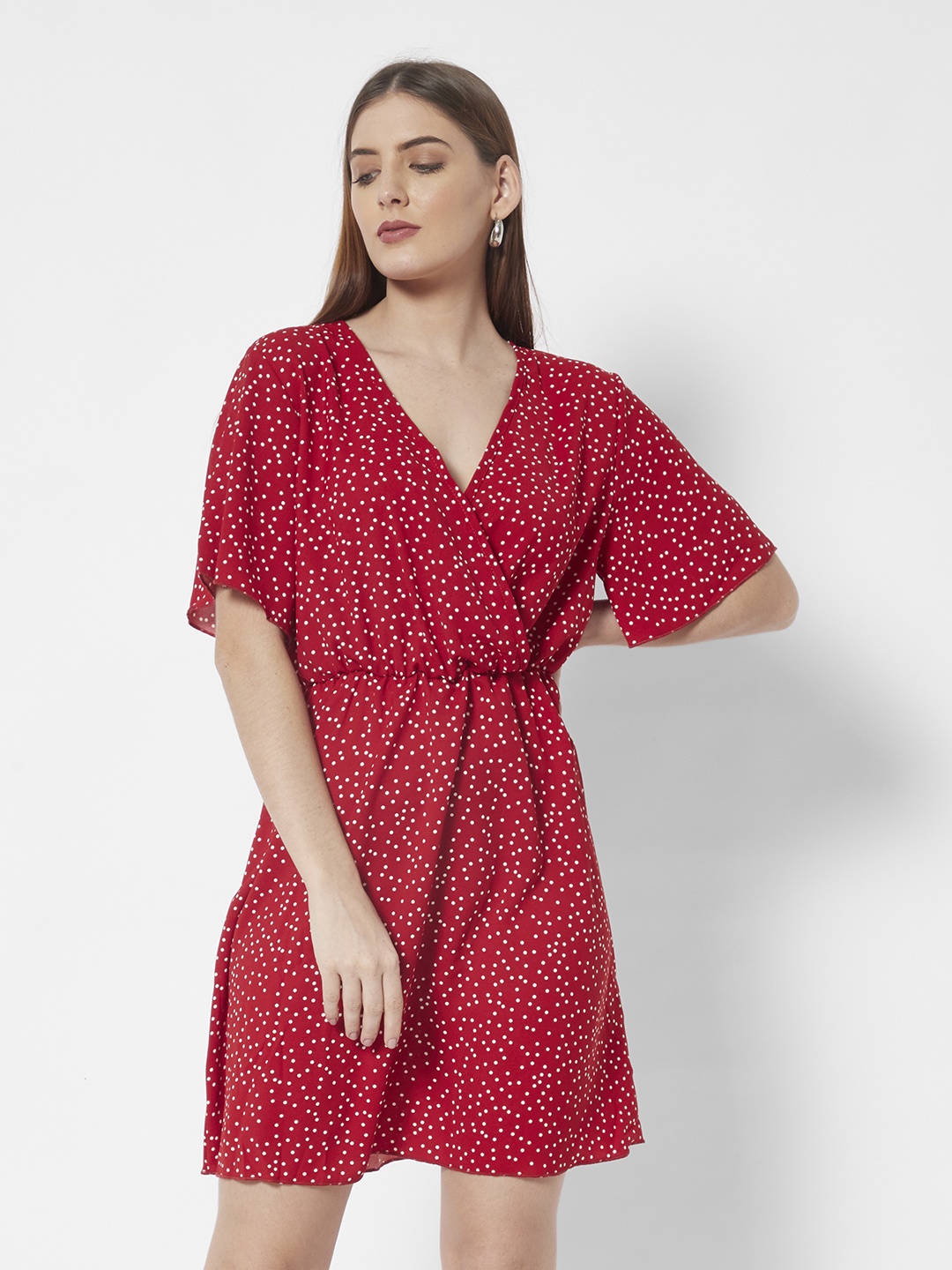 

URBANIC Red & White Polka Dots Print Wrap Dress