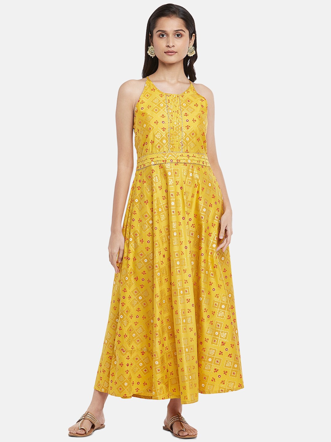 

AKKRITI BY PANTALOONS Mustard Yellow Floral Maxi Dress