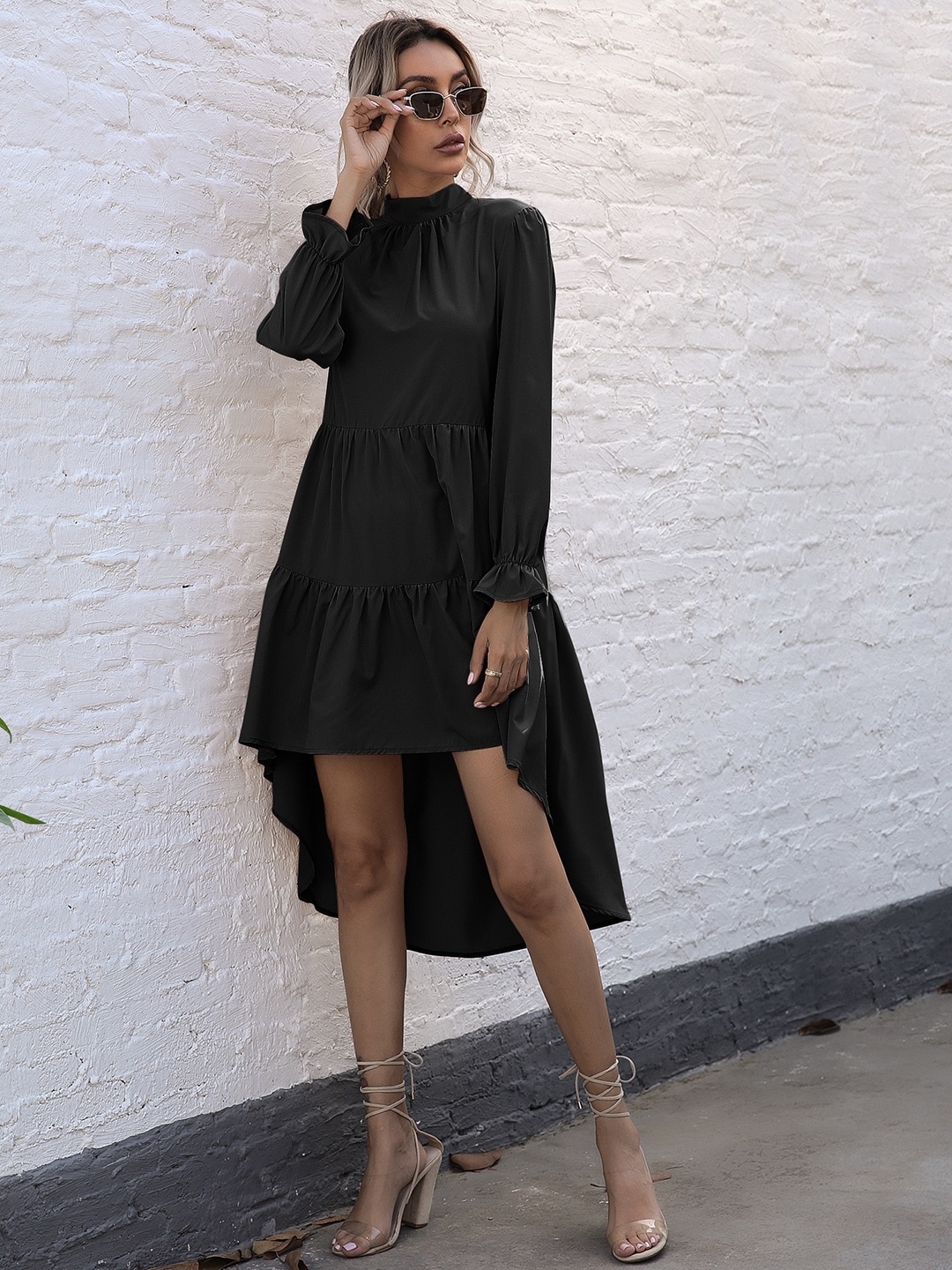 

URBANIC Black Solid A-Line Dress with Cap SLeeves