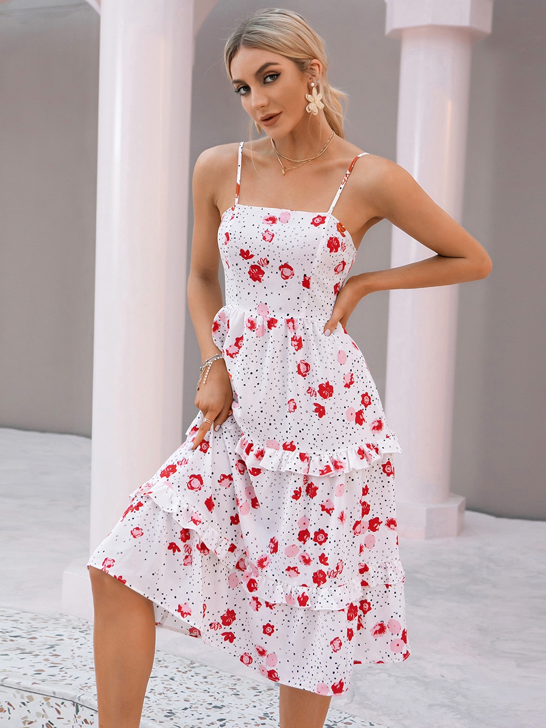 

URBANIC Women White & Red Floral A-Line Dress With Ruffle Details