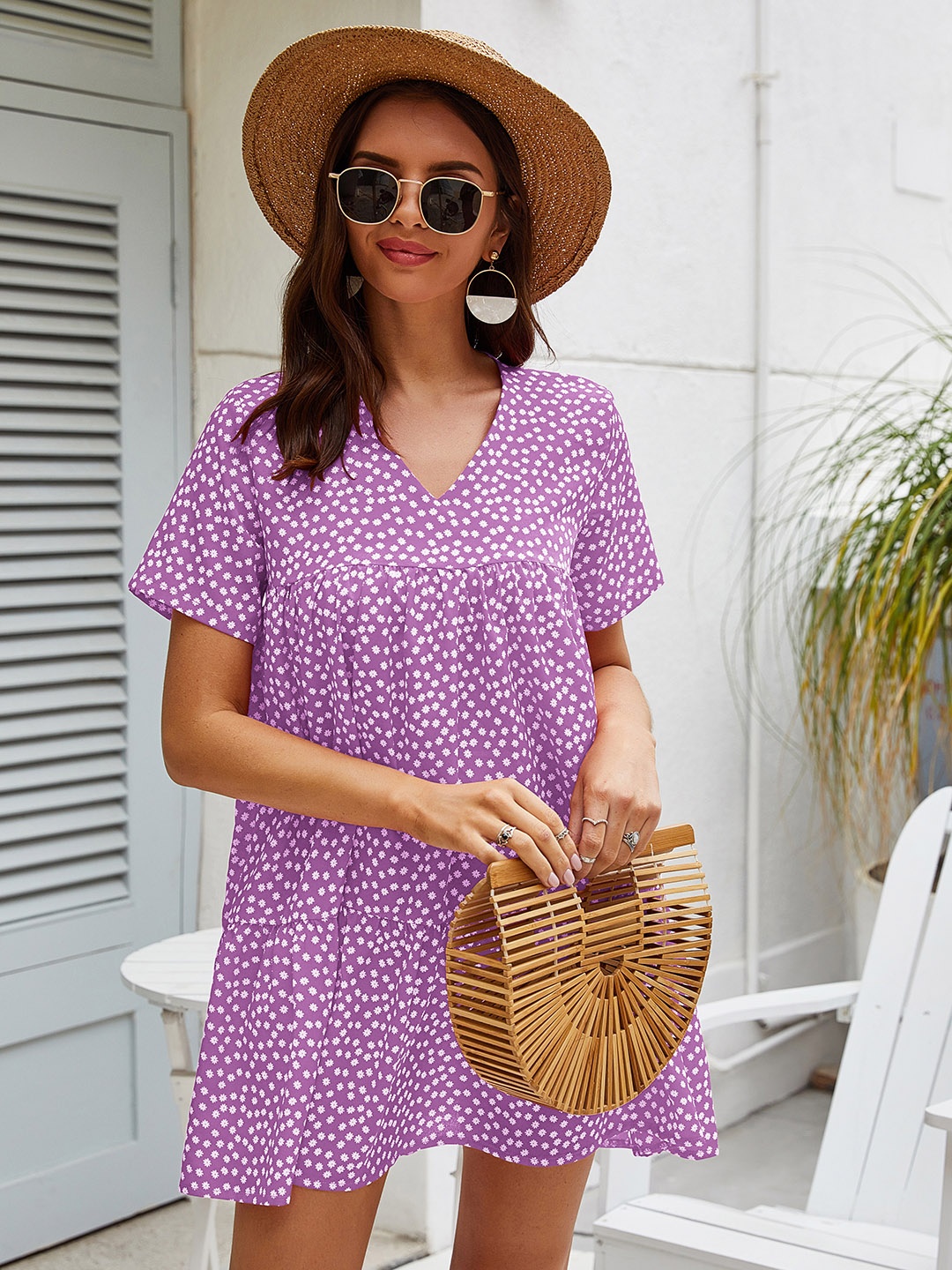 

URBANIC Purple & White Floral Pleated A-Line Mini Dress