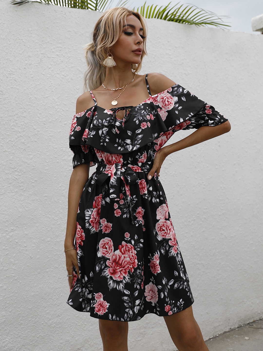 

URBANIC Black & Red Floral Off-Shoulder A-Line Dress