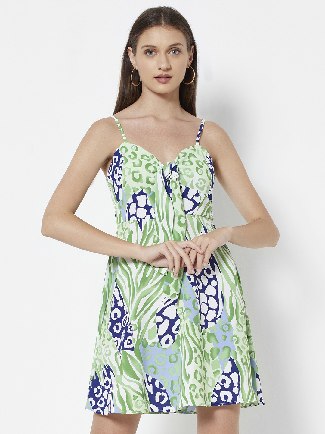 

URBANIC Green & Blue Printed A-Line Dress