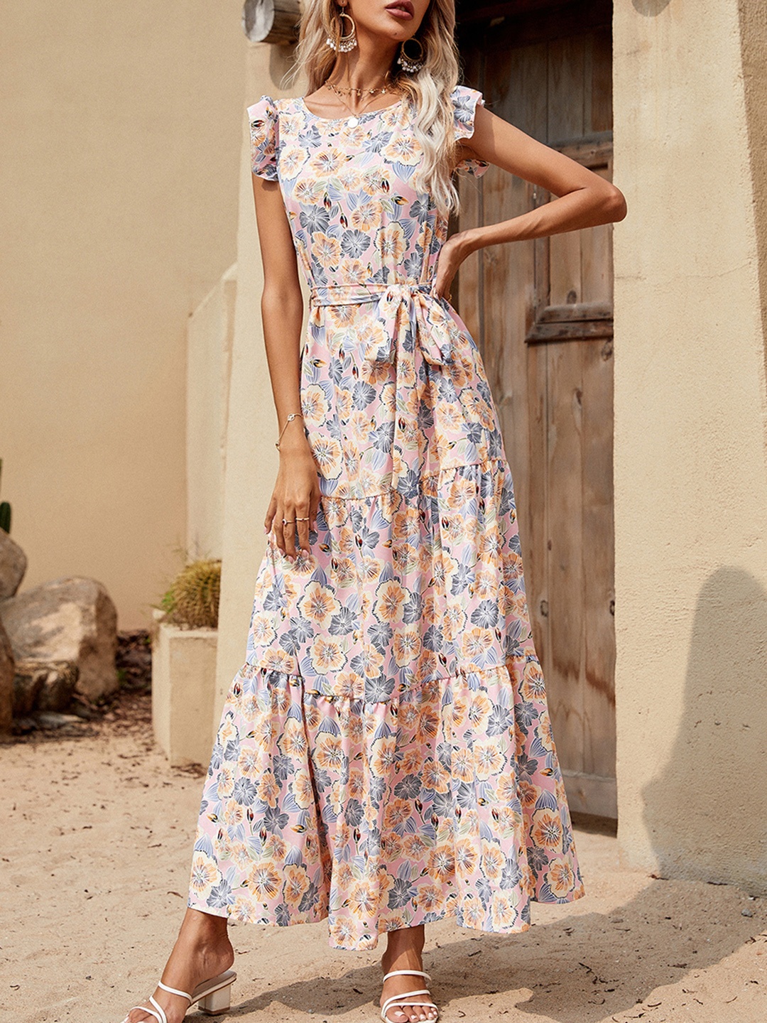 

URBANIC Pink & Blue Floral Print Tiered Maxi Dress with Belt