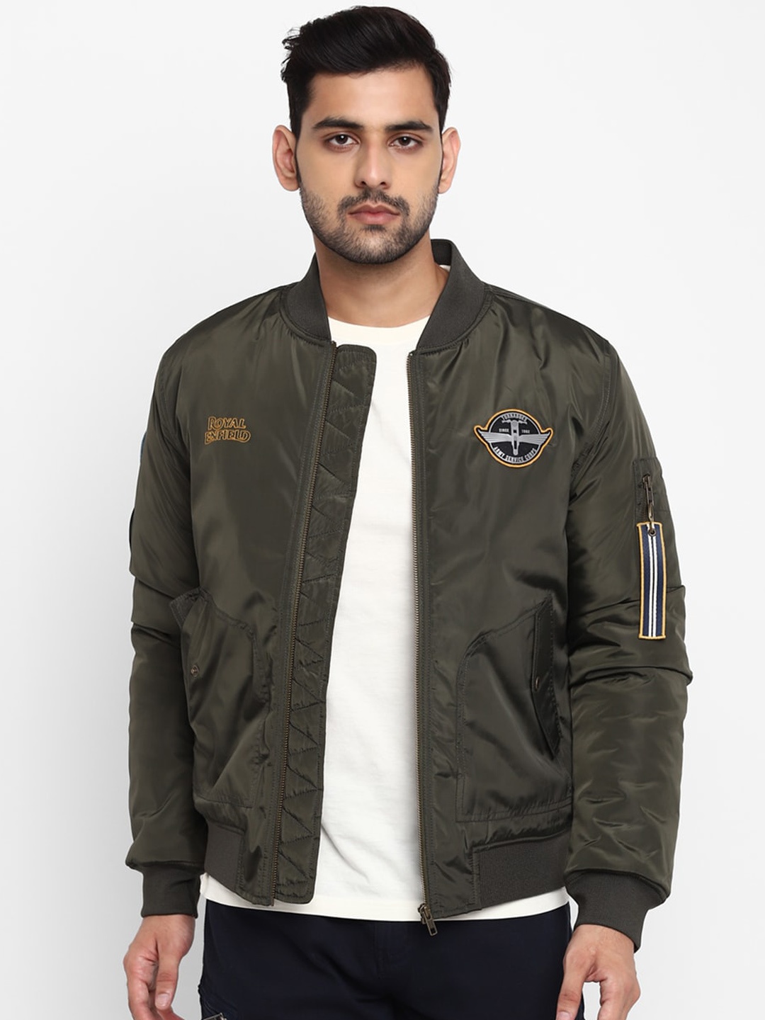 

Royal Enfield Men Olive Green Bomber with Patchwork Jacket