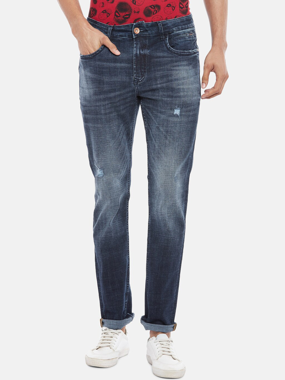 

SF JEANS by Pantaloons Men Blue Slim Fit Mildly Distressed Heavy Fade Stretchable Jeans