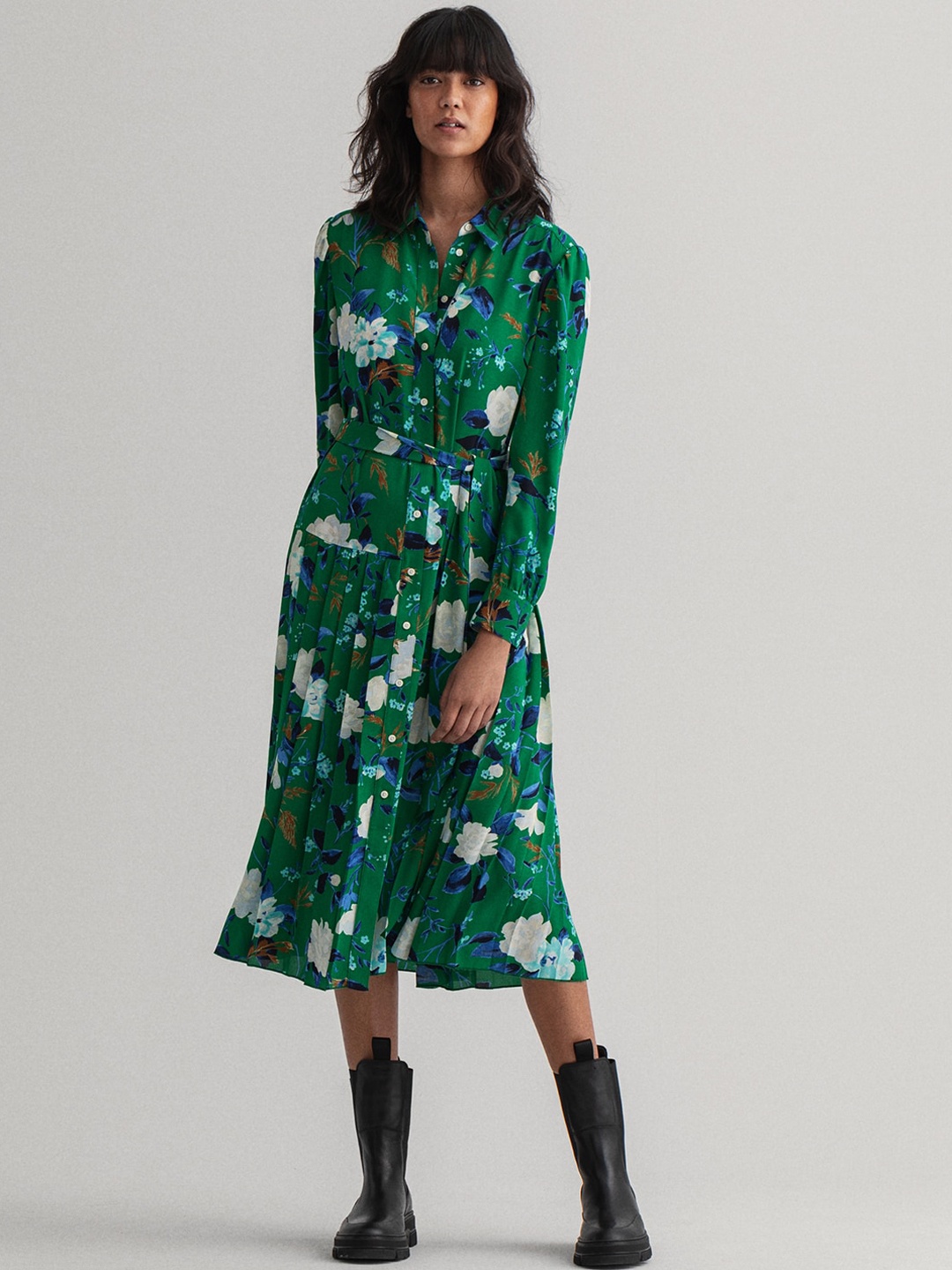 

GANT Green & White Floral A-Line Midi Dress