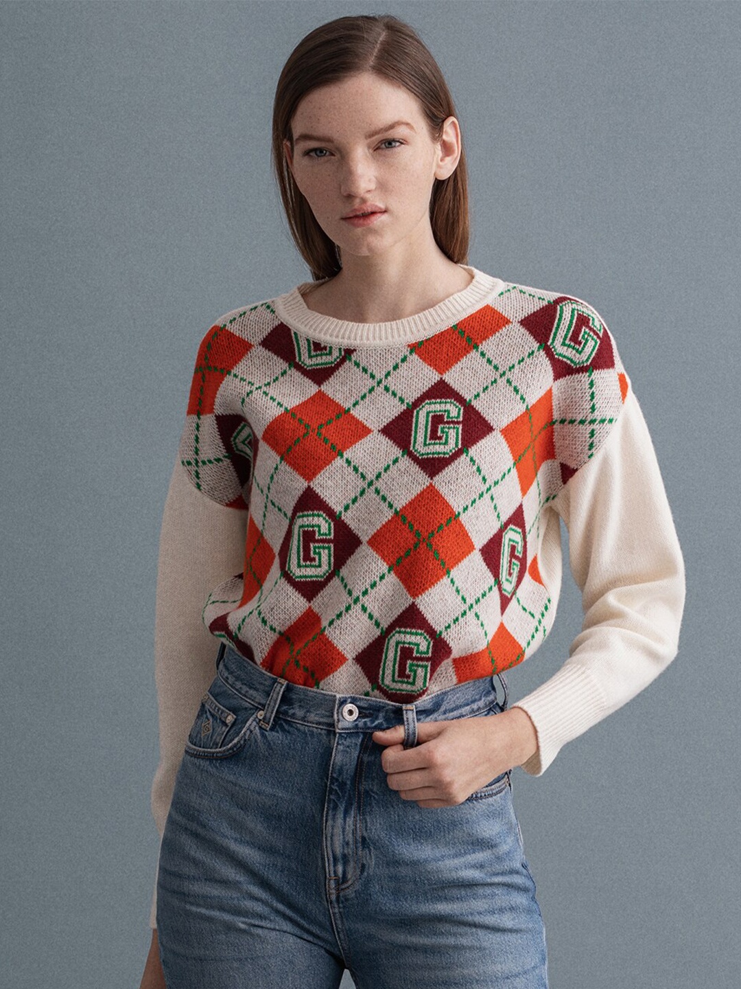 

GANT Women Cream-Coloured & Red Printed Pullover