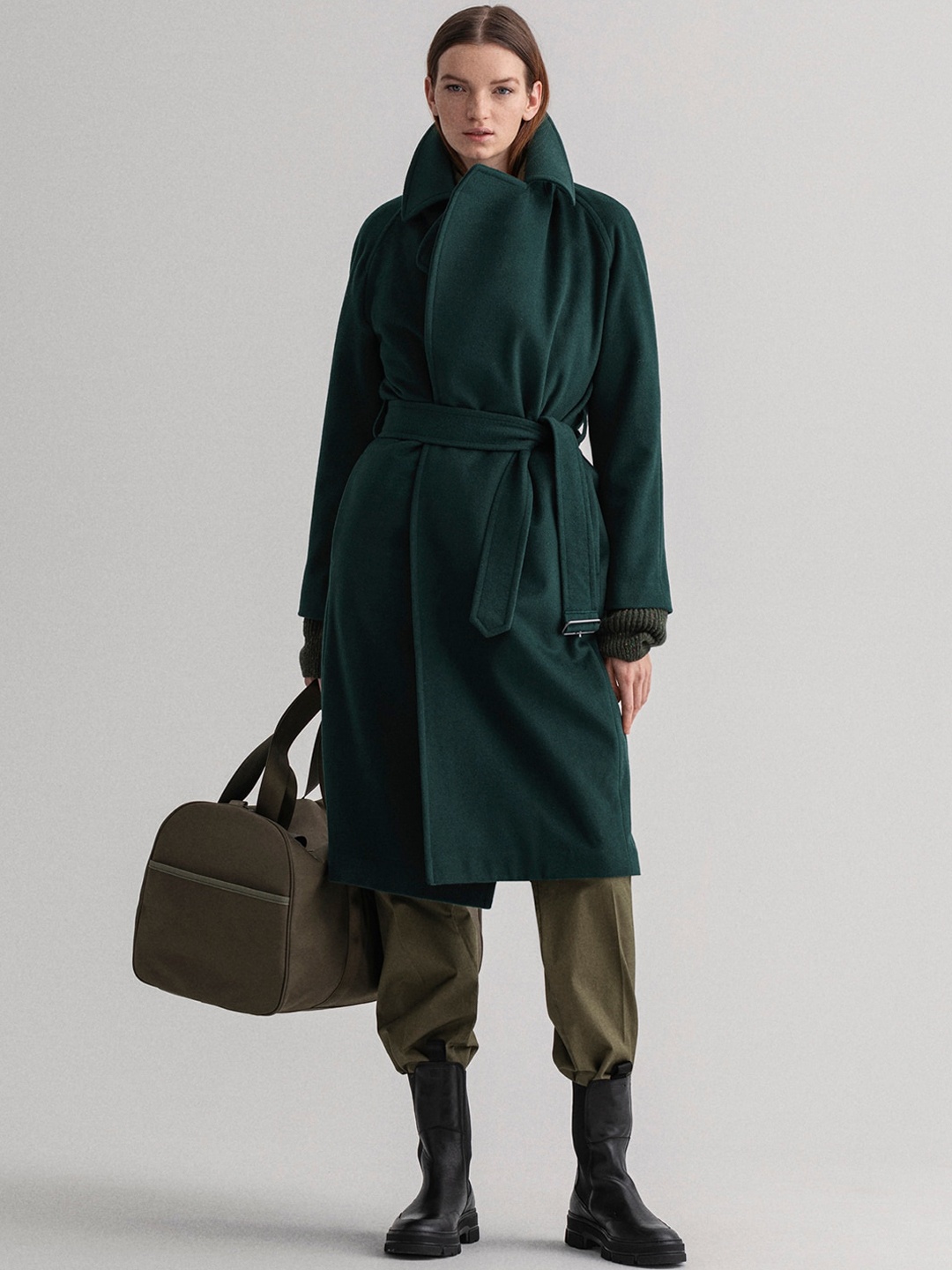 

GANT Women Green Solid Longline Belted Wrap Coat