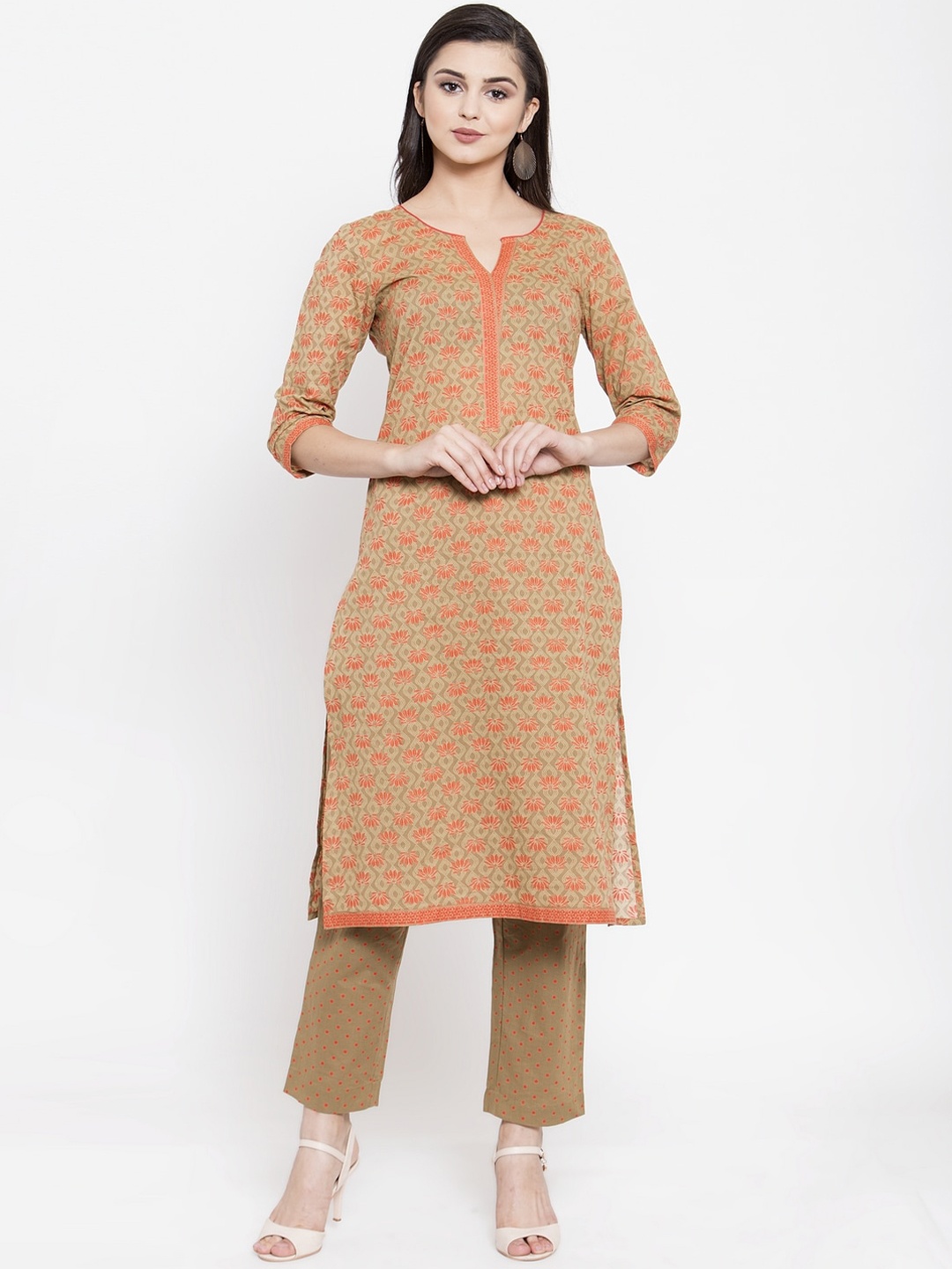 

The Kurta Express Women Brown & Orange Floral Printed Pure Cotton Kurta With Trousers