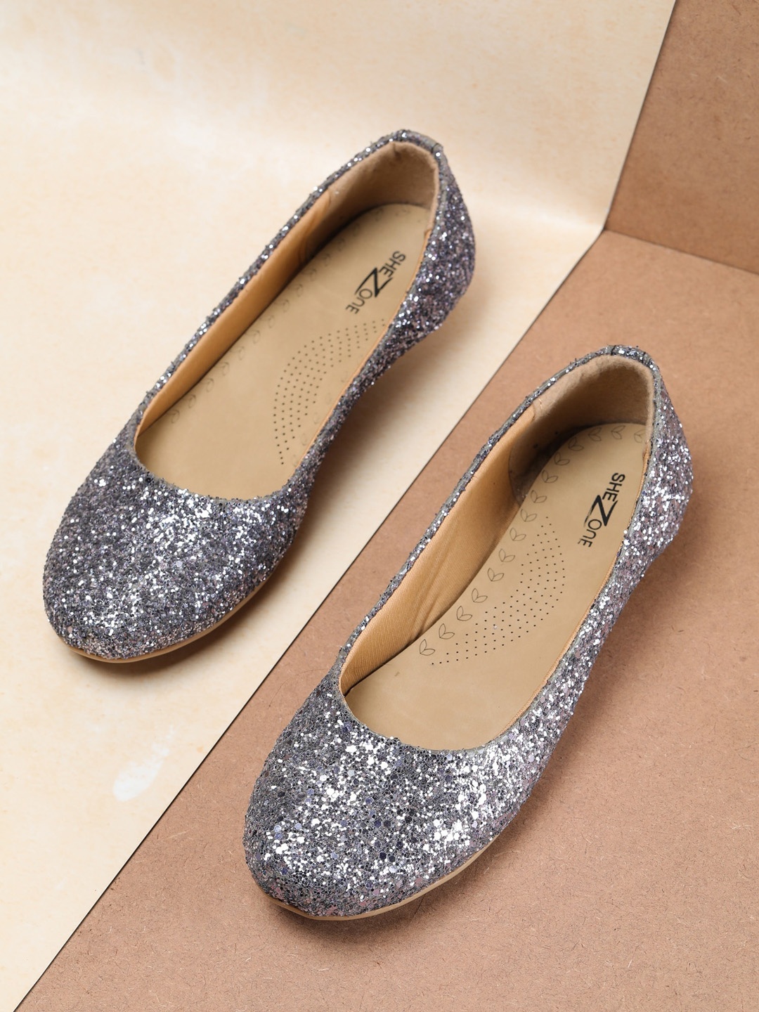 

Shezone Women Grey Embellished Leather Party Ballerinas