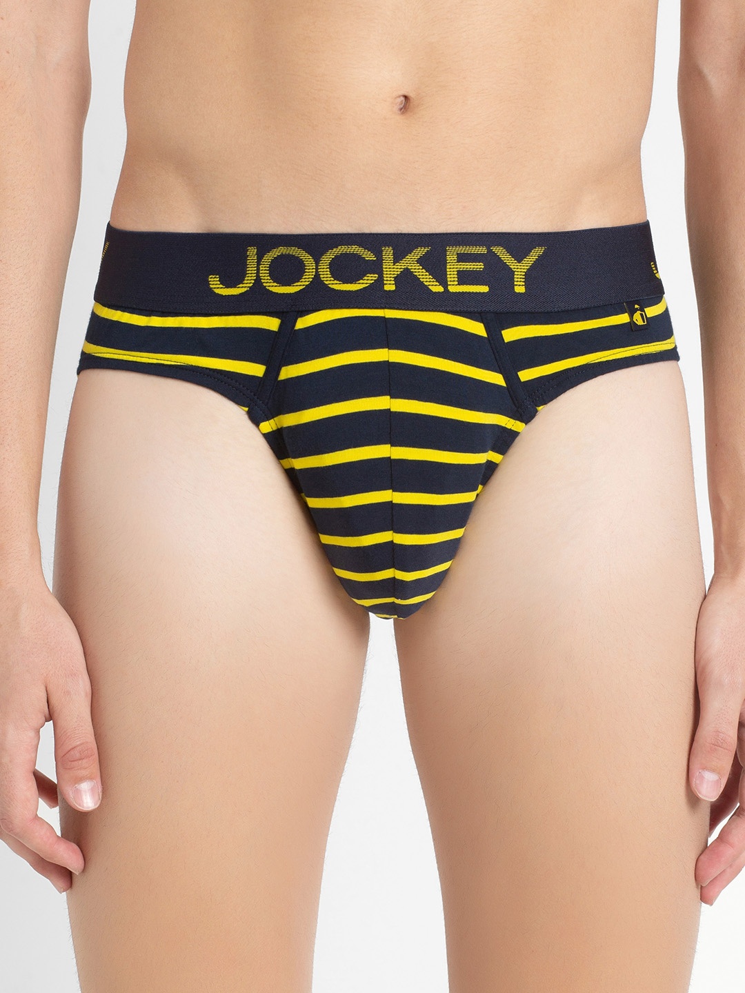 

Jockey Men Navy Blue & Empire Yellow Striped Brief : Style Number # FP24