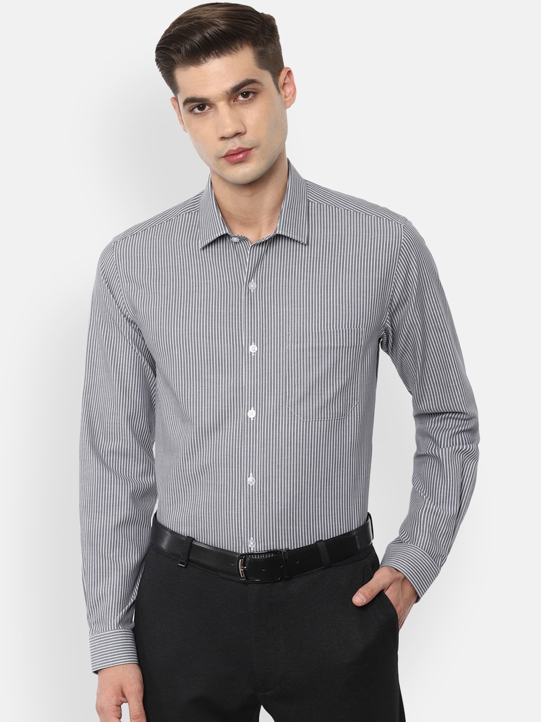 

Louis Philippe Men Grey & White Slim Fit Opaque Striped Formal Shirt