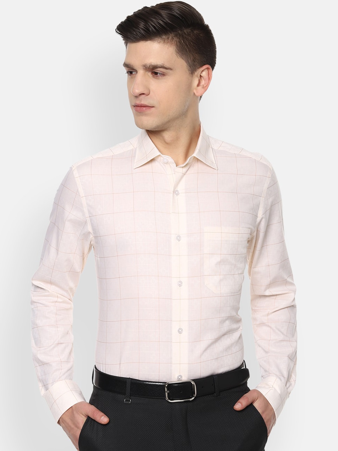 

Louis Philippe Gods & Kings Men Cream-Coloured Windowpane Checks Opaque Checked Formal Shirt