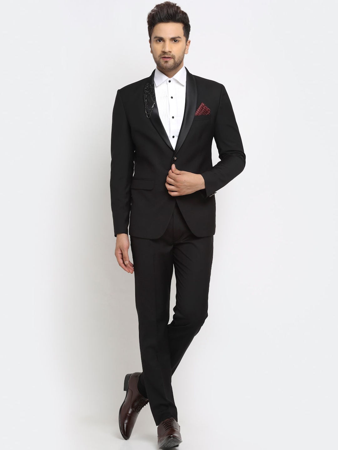 

LUXURAZI Men Black Solid Single-Breasted Two-Piece Party Suit