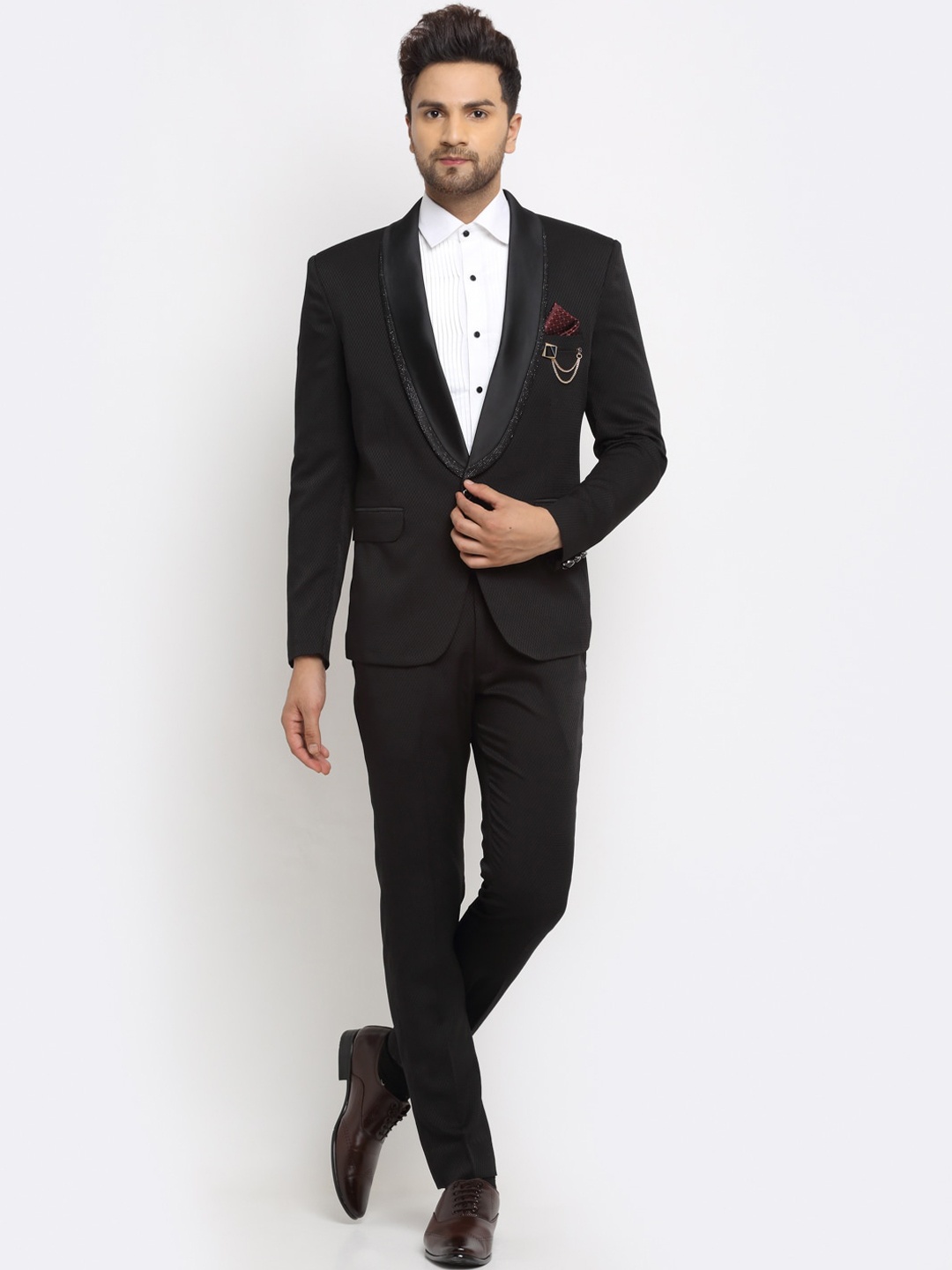 

LUXURAZI Men Black Textured Single-Breasted Tuxedo Party Suit