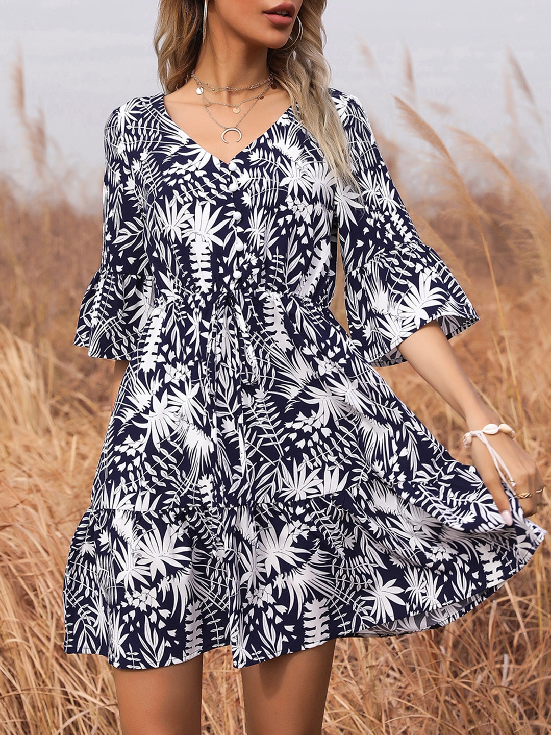 

URBANIC Women Navy Blue & White Tropical Print A-Line Dress