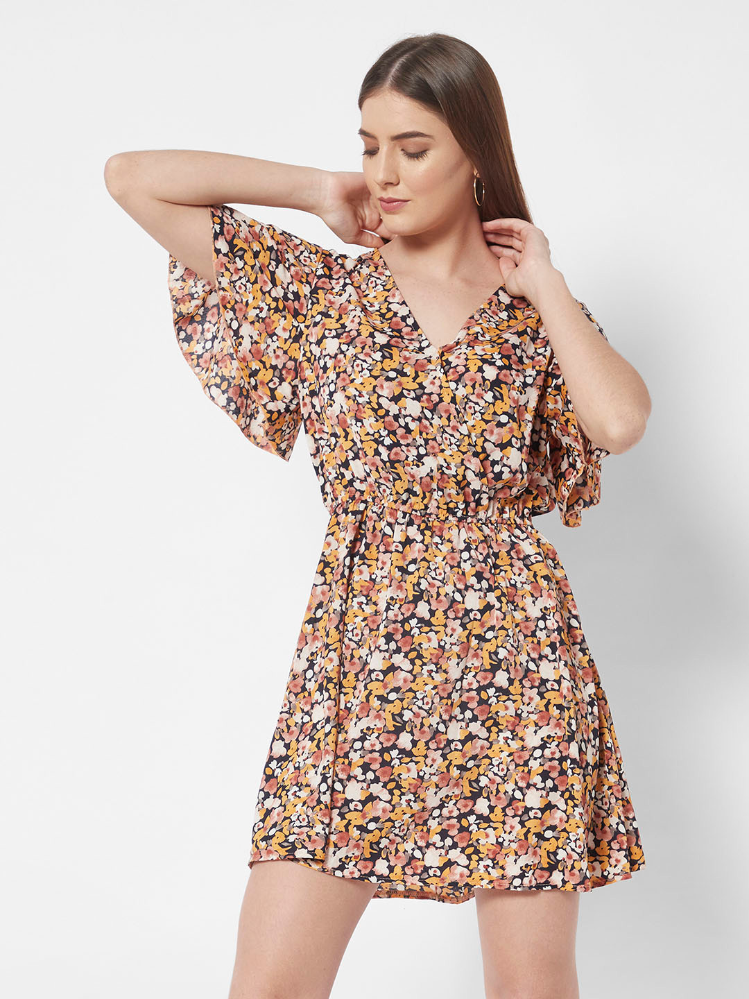 

URBANIC Navy Blue & Yellow Floral Printed Flared Sleeves Mini Dress