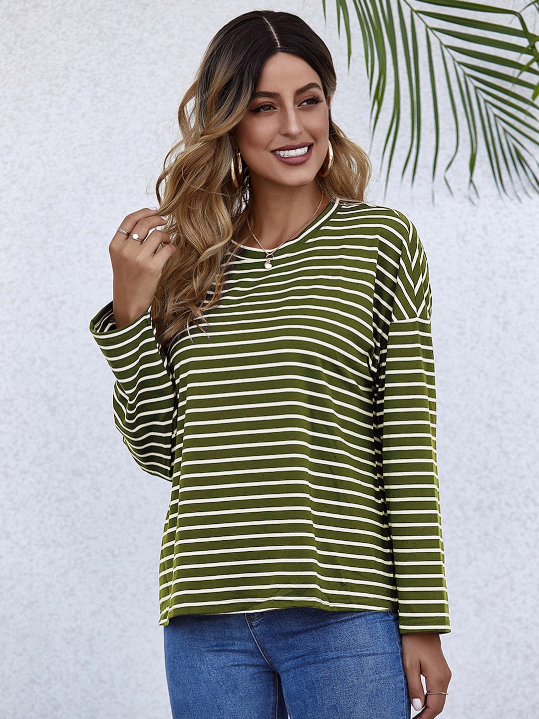 

URBANIC Women Olive Green & White Striped Relaxed Fit Drop-Shoulder Sleeves T-shirt