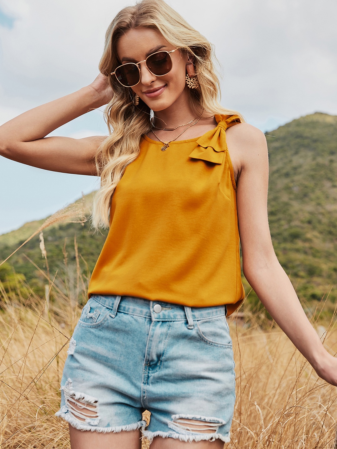 

URBANIC Women Mustard Yellow Solid Top with Bow Detail