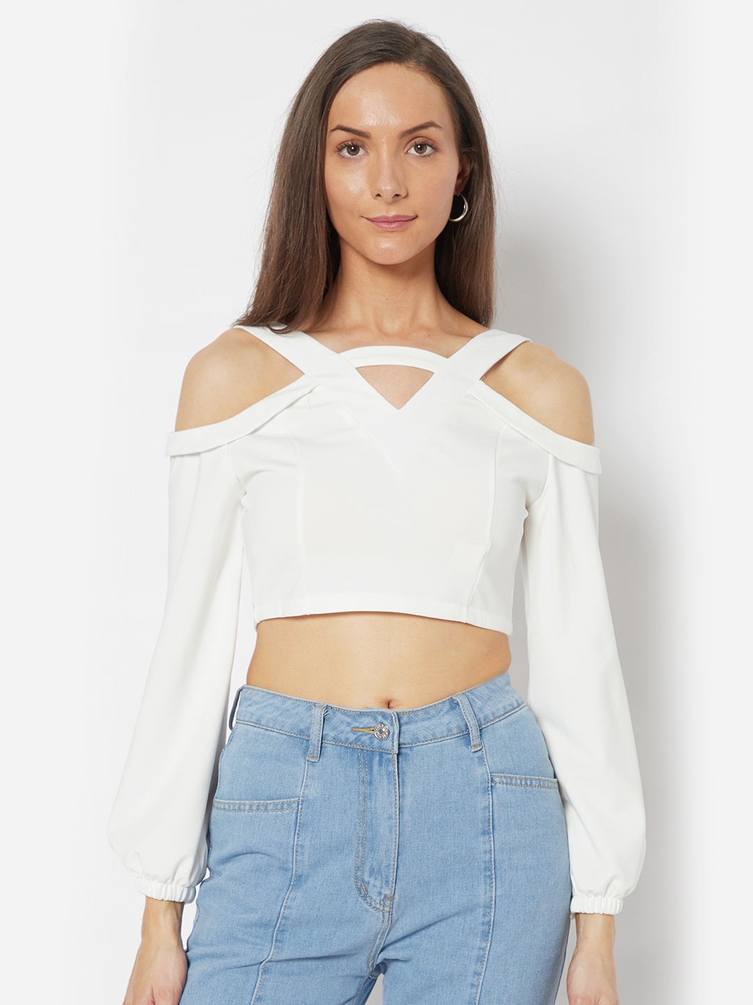 

URBANIC White Cold-Shoulder Crop Top