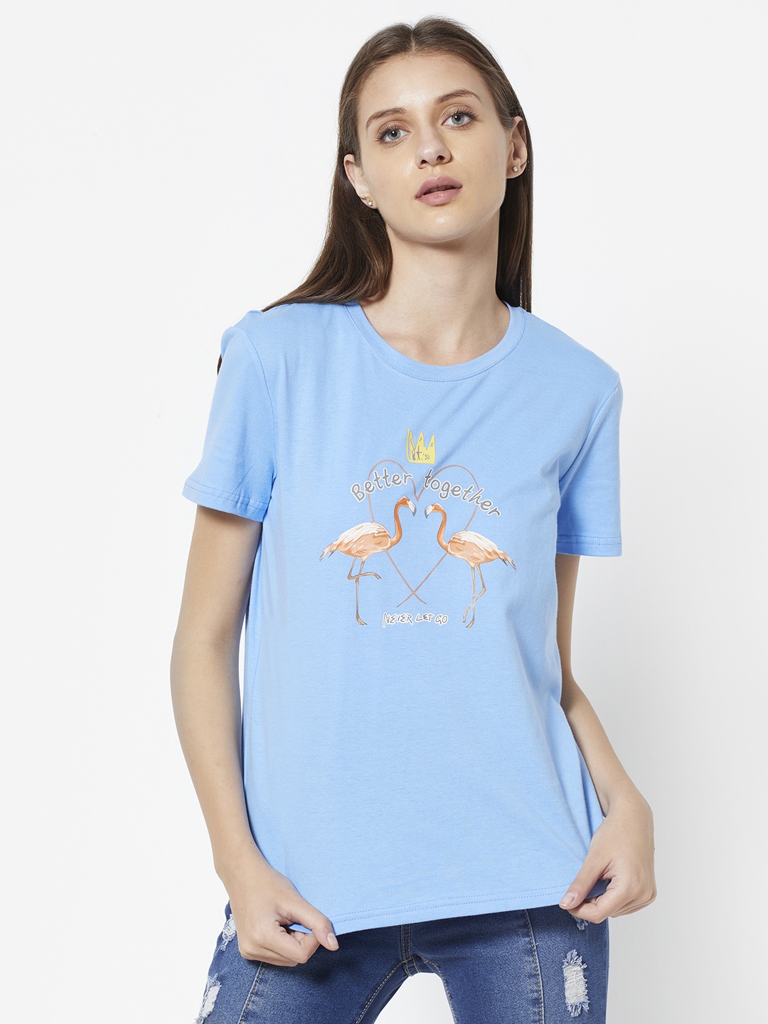 

URBANIC Women Blue & Peach-Coloured Cotton Typography Printed T-shirt