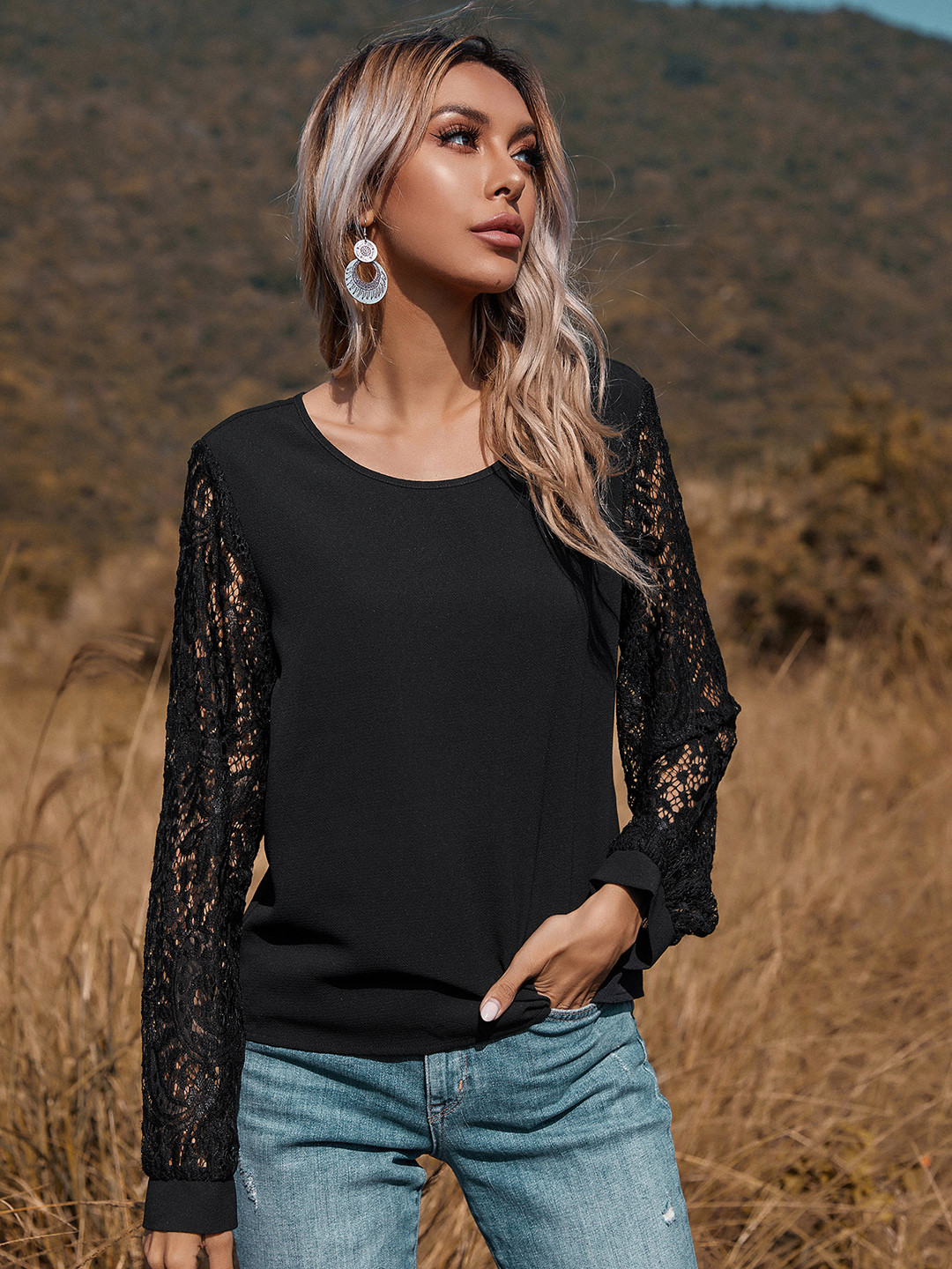 

URBANIC Women Black Solid Lace Up Sleeves Top