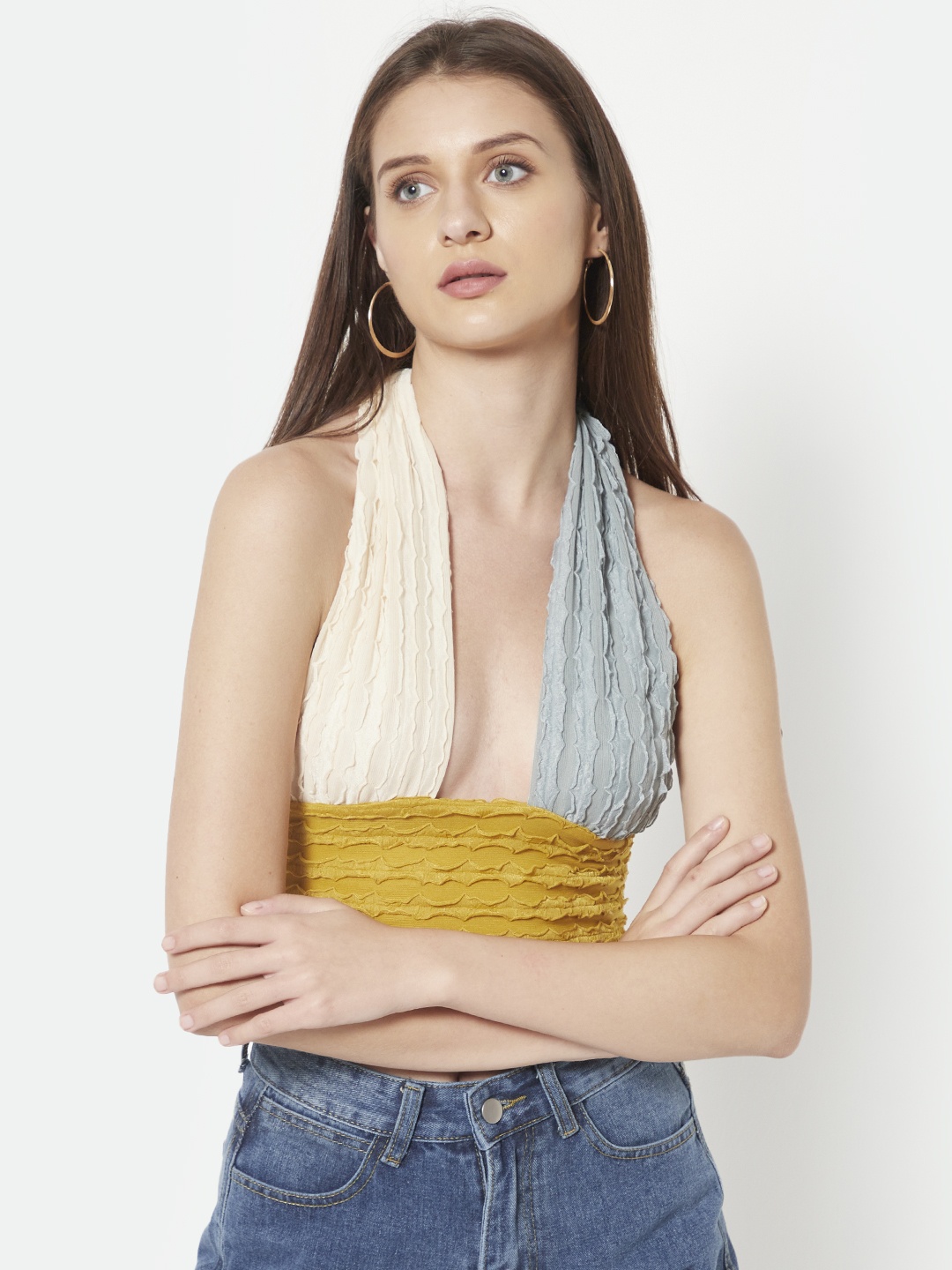 

URBANIC Blue & Off White Colourblocked Halter Neck Top