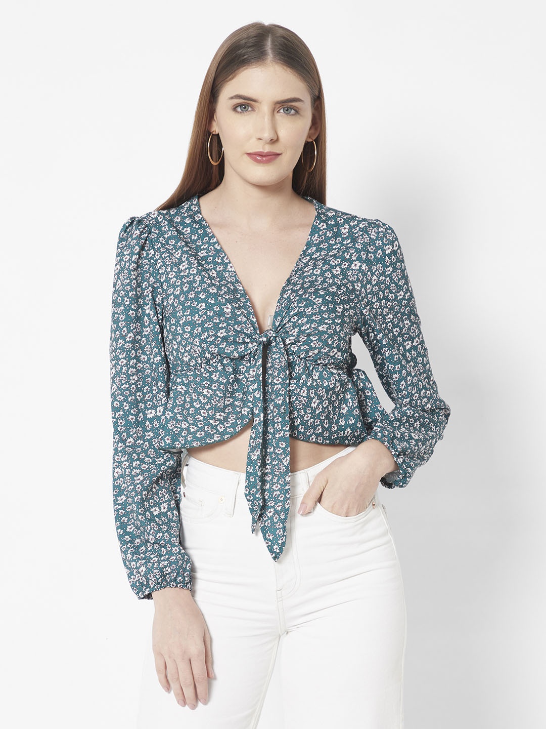 

URBANIC Teal Green & White Floral Print Tie-Up Crop Top