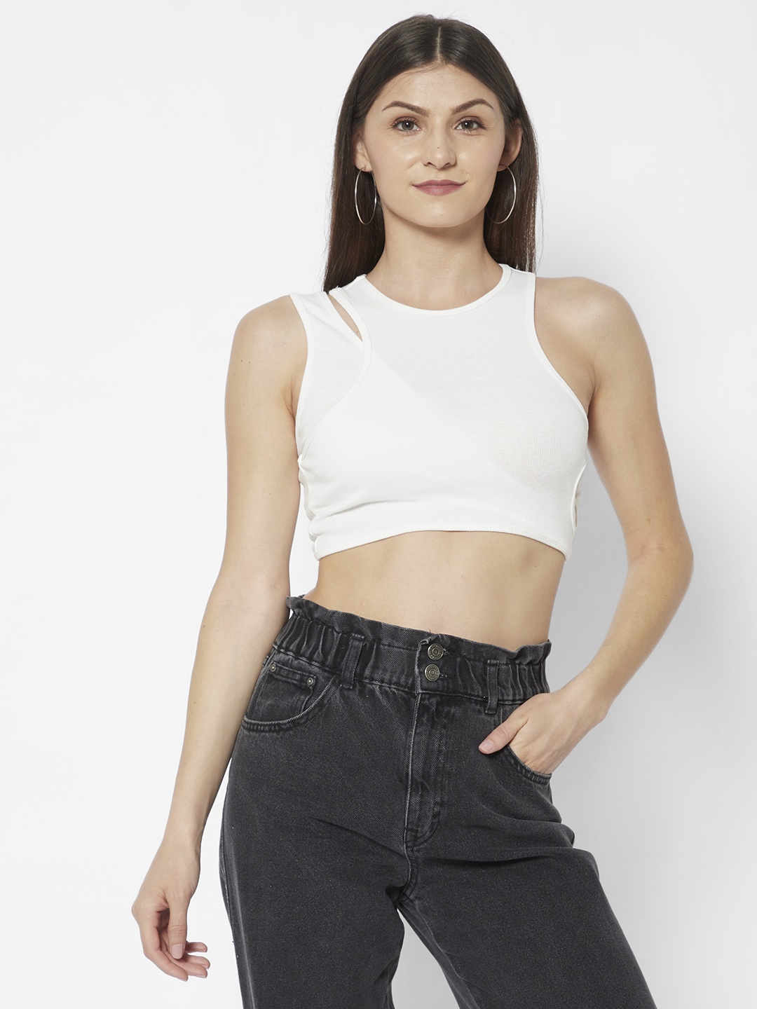 

URBANIC White Solid Cotton Cropped Asymmetrical Tank Top