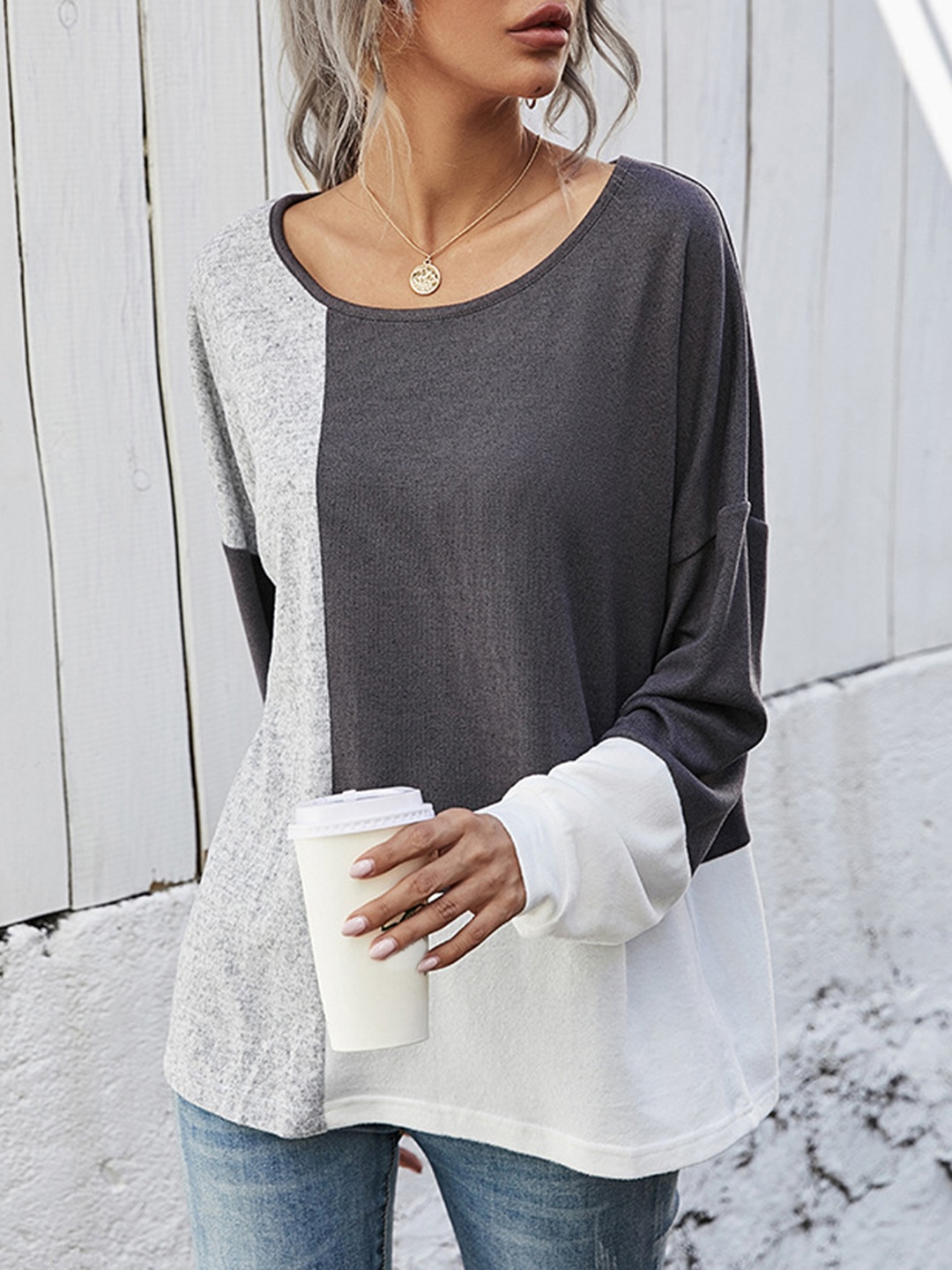 

URBANIC Women Charcoal Grey & White Colourblocked Drop-Shoulder Sleeves T-shirt