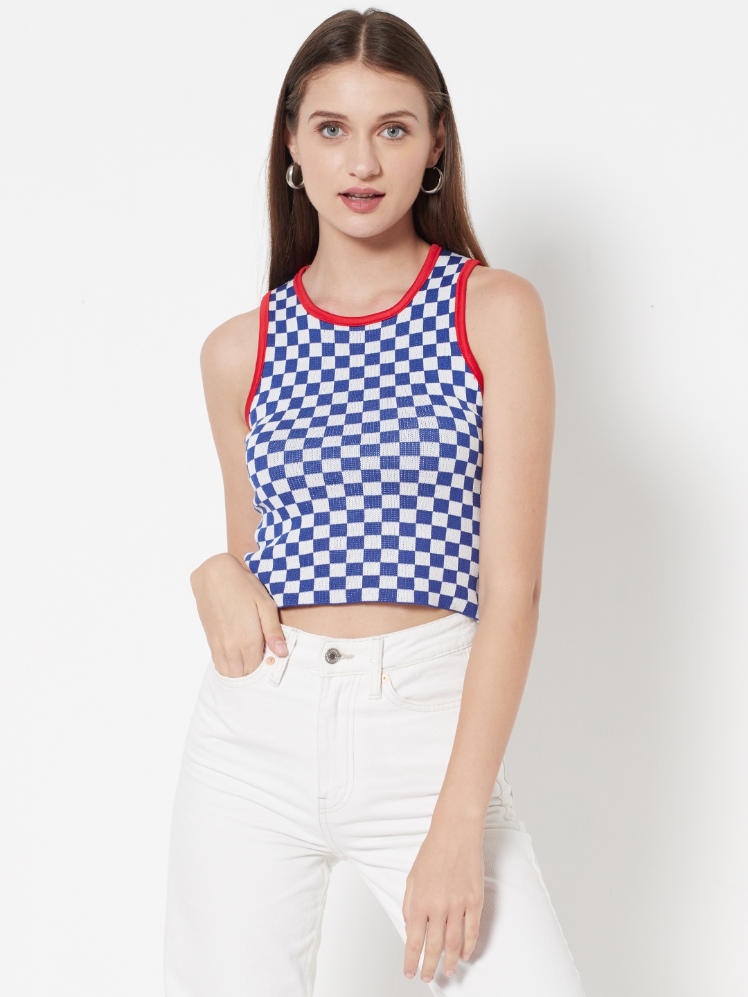 

URBANIC Blue & White Checked Cropped Fitted Top