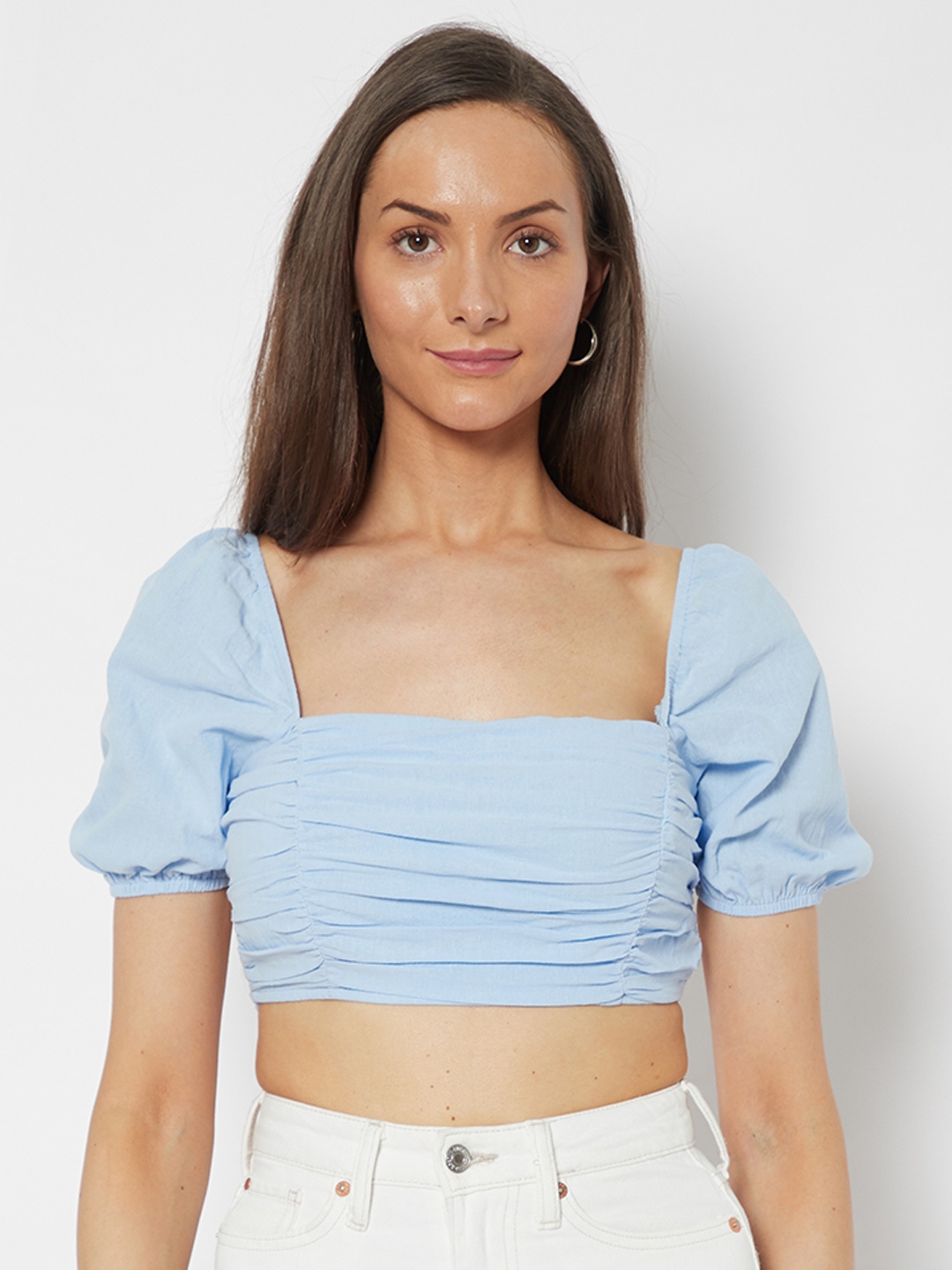 

URBANIC Blue Solid Crop Top with Lace-Up Back