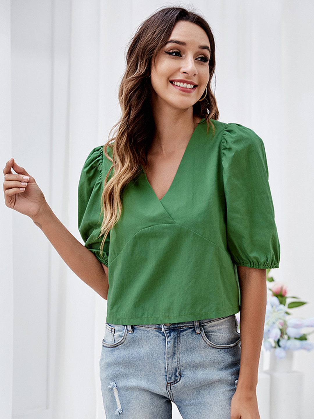 

URBANIC Green Solid Pure Cotton Wrap Top
