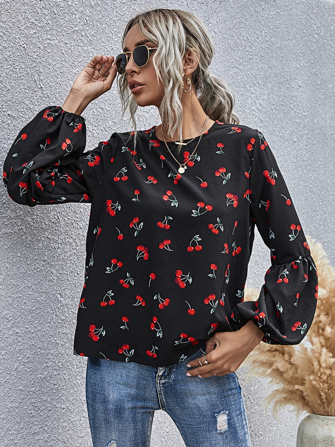 

URBANIC Black & Red Cherry Print Regular Top