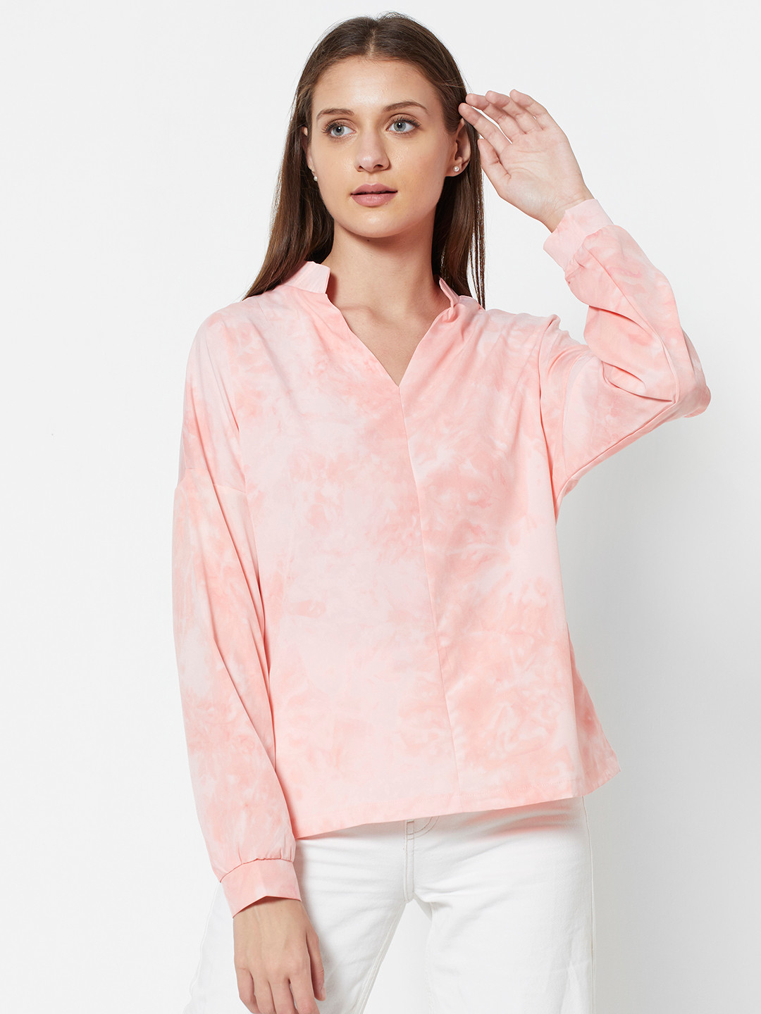 

URBANIC Pink Printed Mandarin Collar Drop-Shoulder Sleeves Top