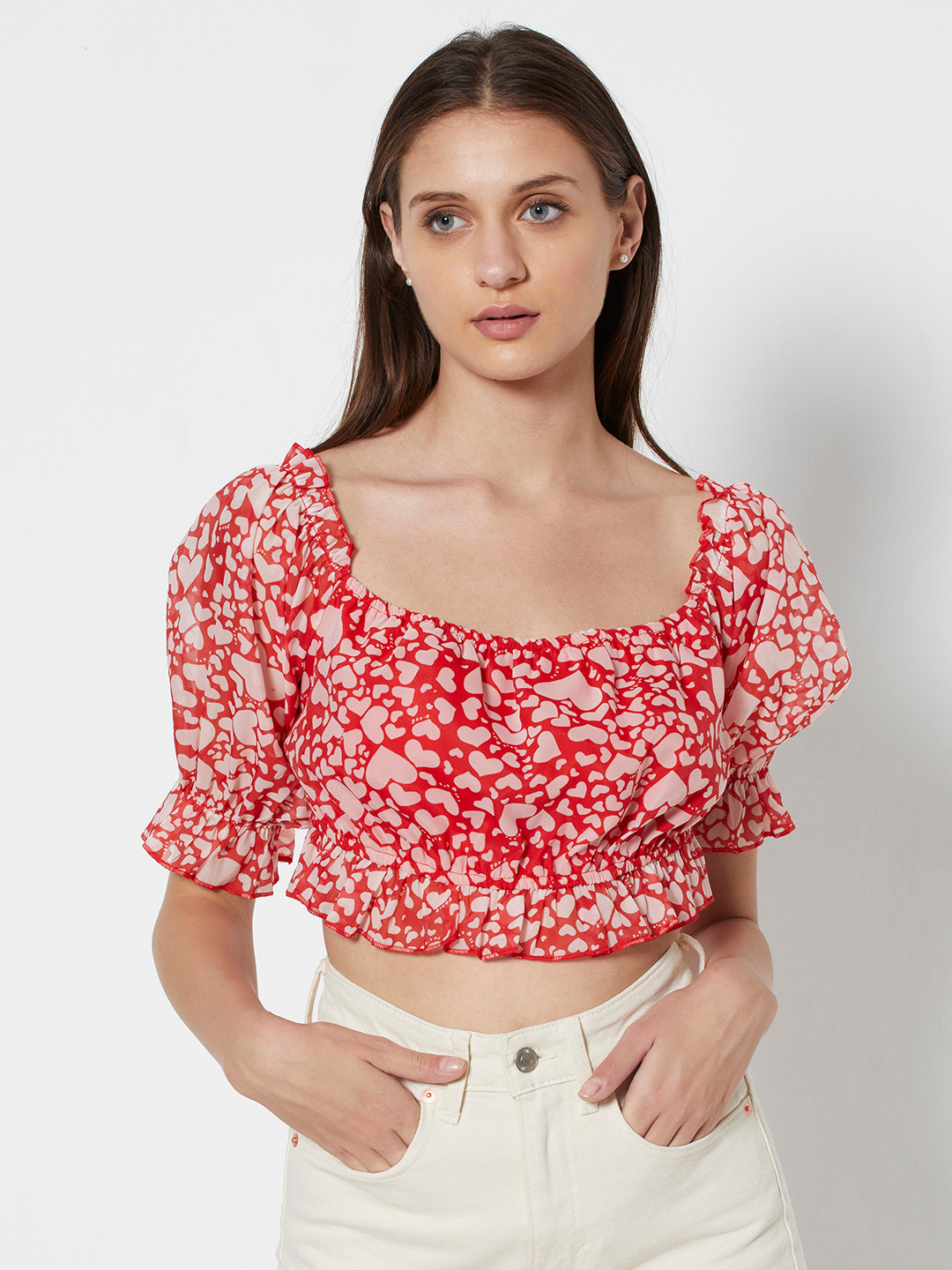

URBANIC Red & Pink Heart Print Cropped Top