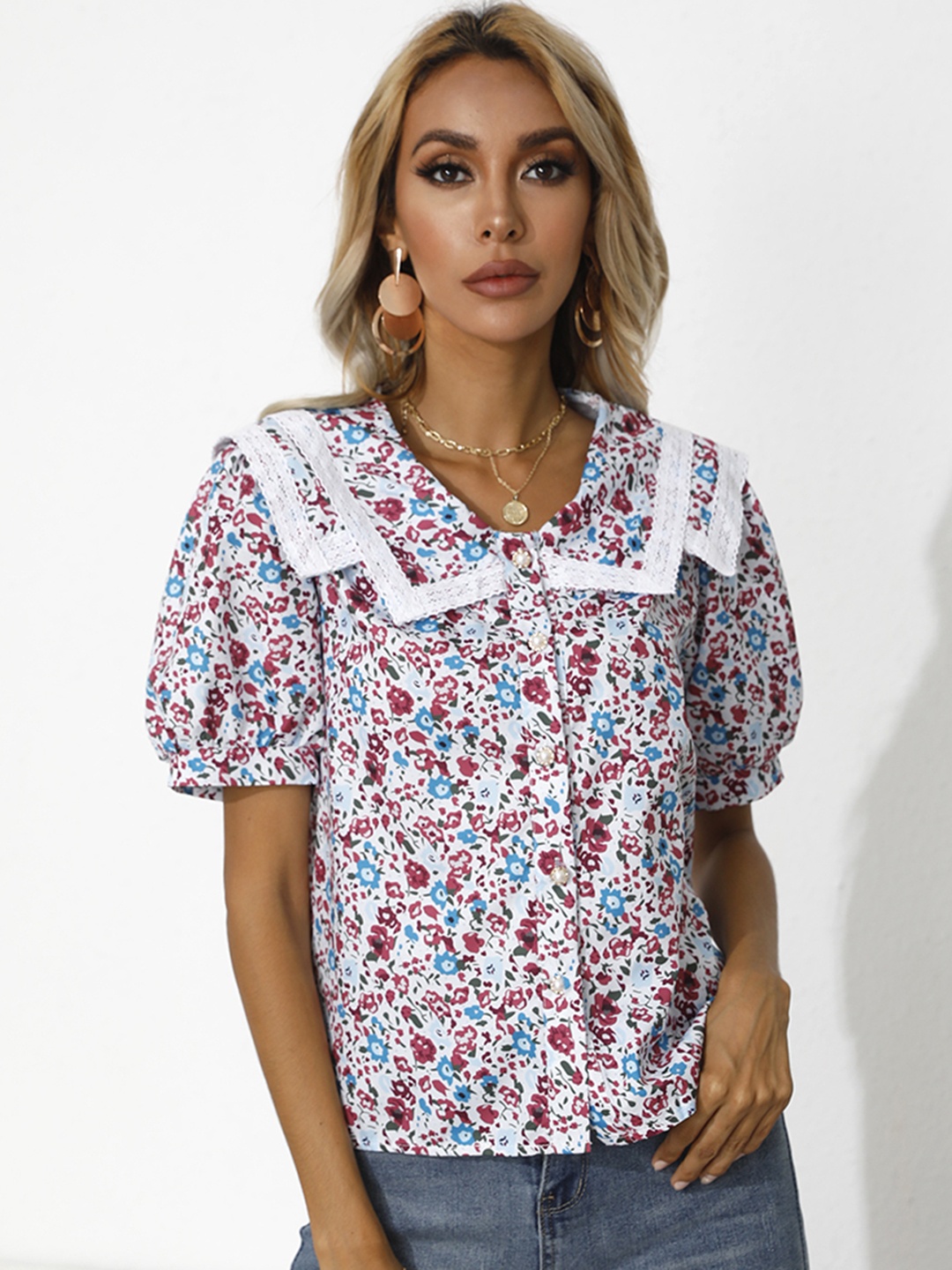 

URBANIC Women Red & Blue Floral Print Sailor Collar Top with Lace Up Detail