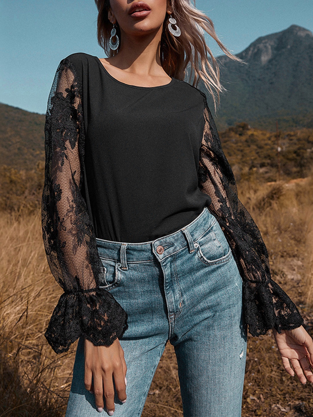 

URBANIC Black Solid Top with Lace Sleeves