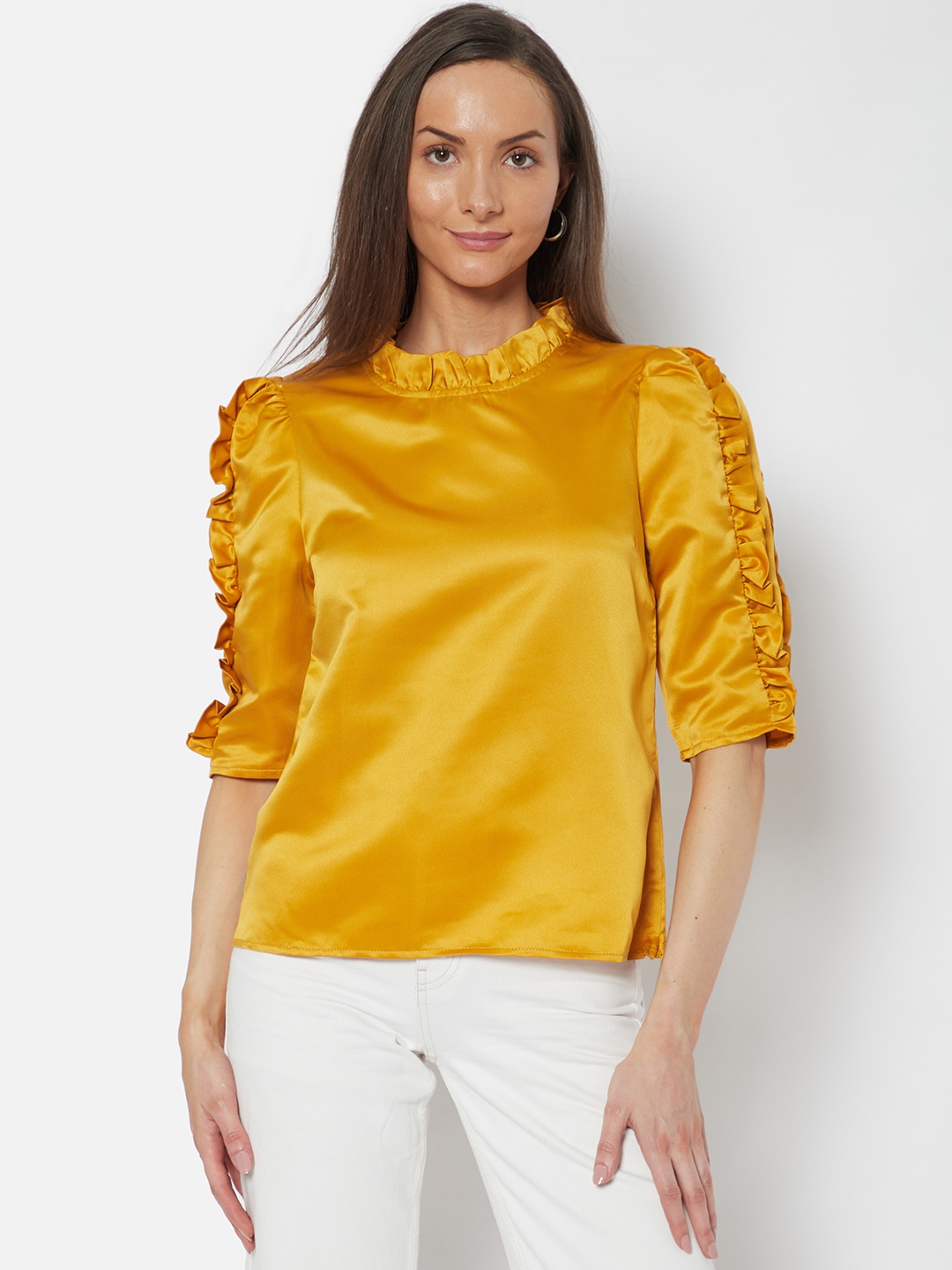 

URBANIC Mustard Yellow Solid Frilled High Neck Top