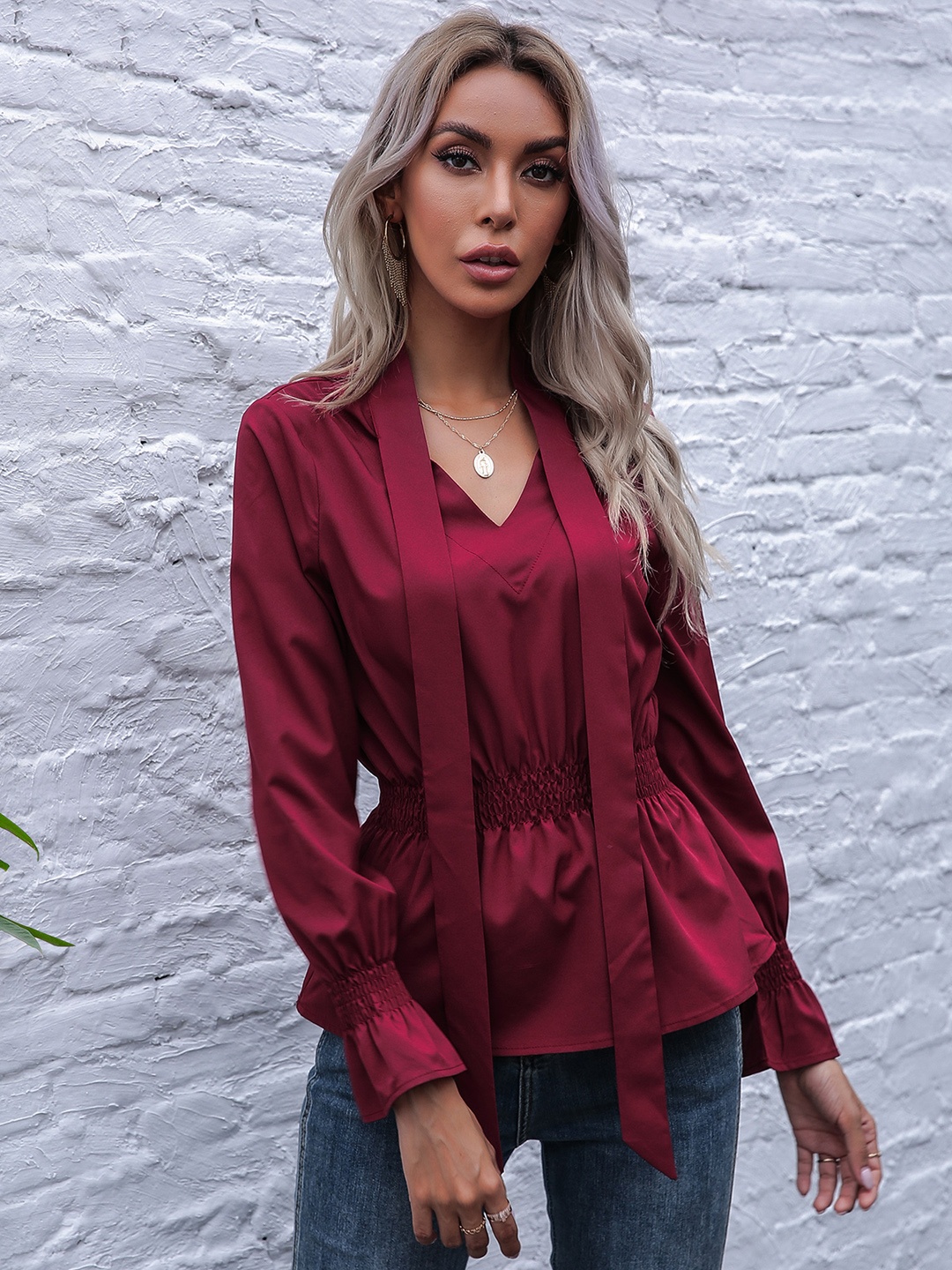 

URBANIC Maroon Tie-Up Neck Cinched Waist Top