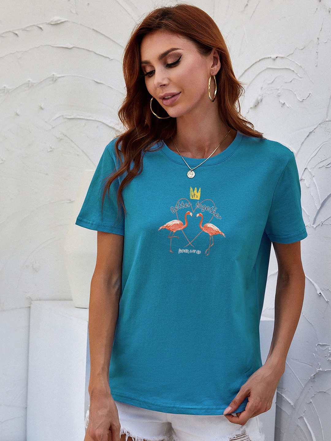 

URBANIC Women Blue Printed Pure Cotton T-shirt
