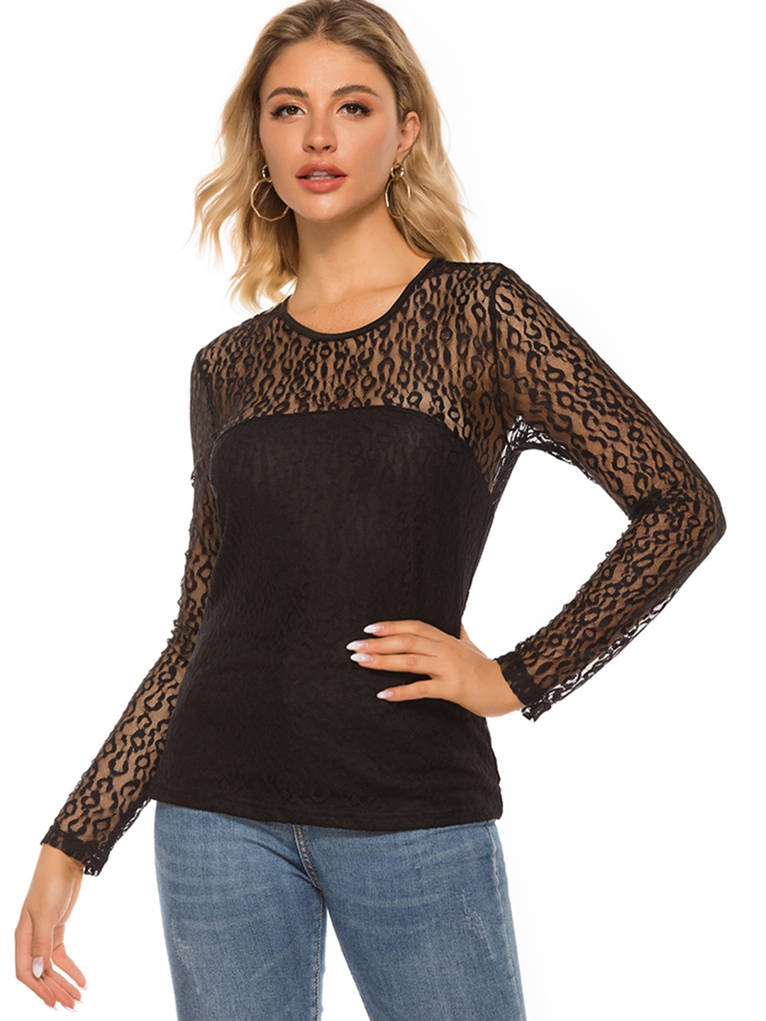 

URBANIC Black Self Design Contrast Mesh Pullover Top