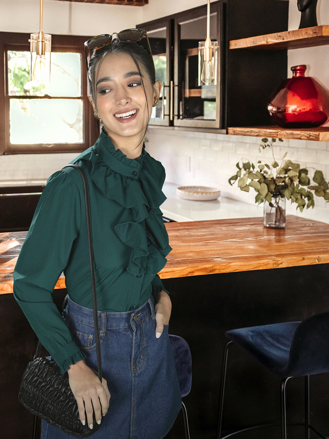 

URBANIC Women Green Solid Ruffled Shirt