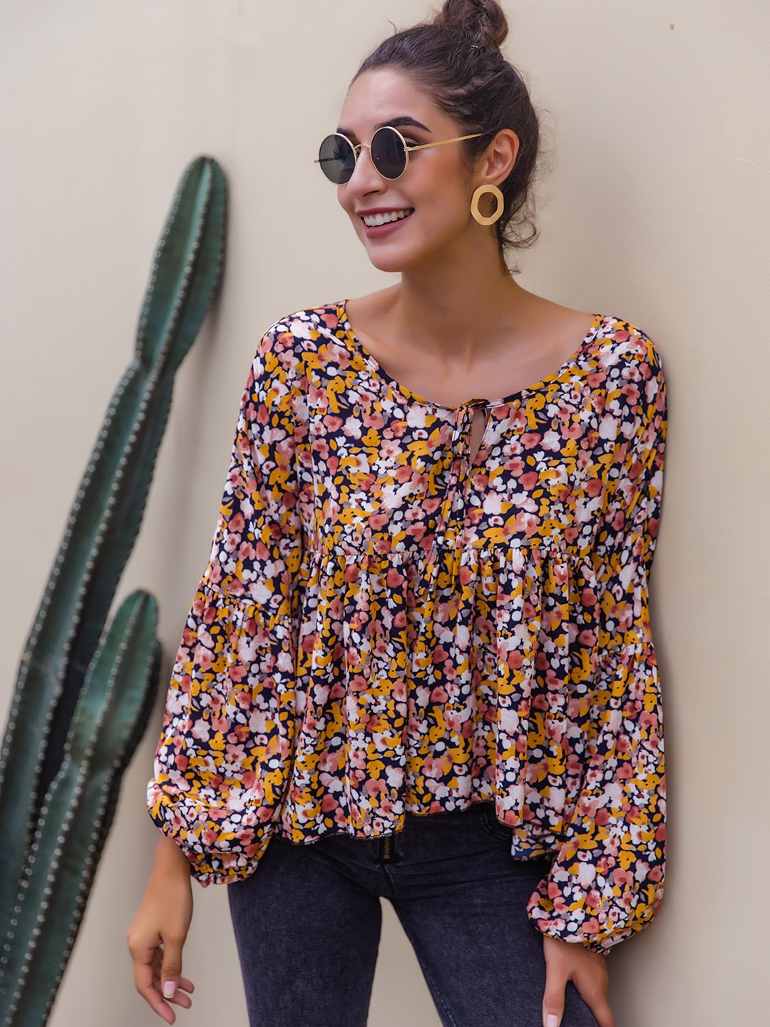 

URBANIC Black & Mustard Yellow Floral Print Tie-Up Neck Top