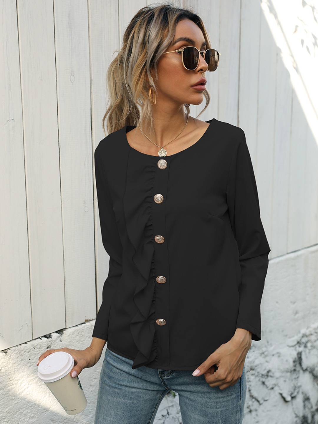 

URBANIC Black Solid Ruffles Regular Top