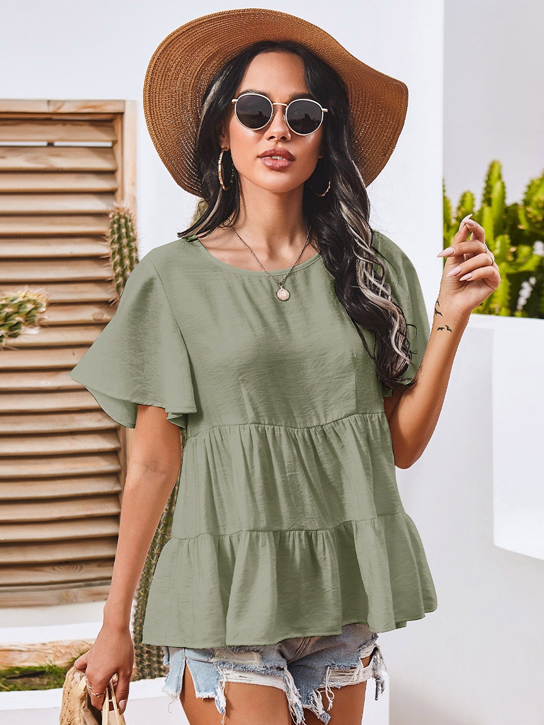 

URBANIC Women Green Solid Tiered Top