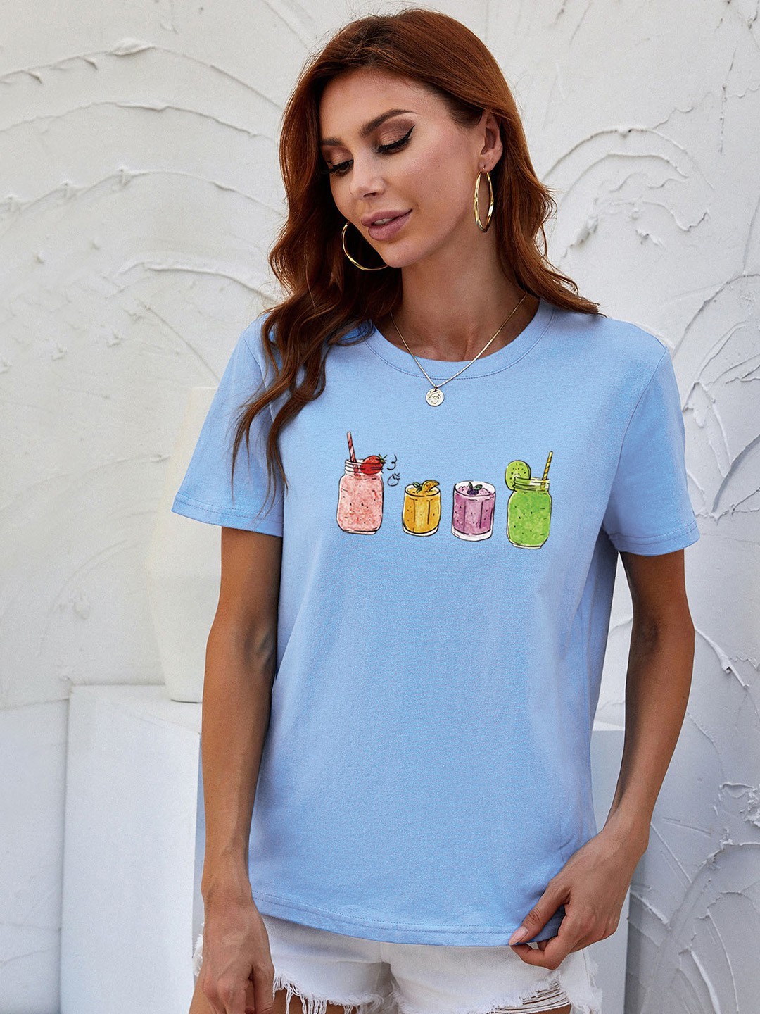 

URBANIC Women Blue & Green Pure Cotton Printed T-shirt