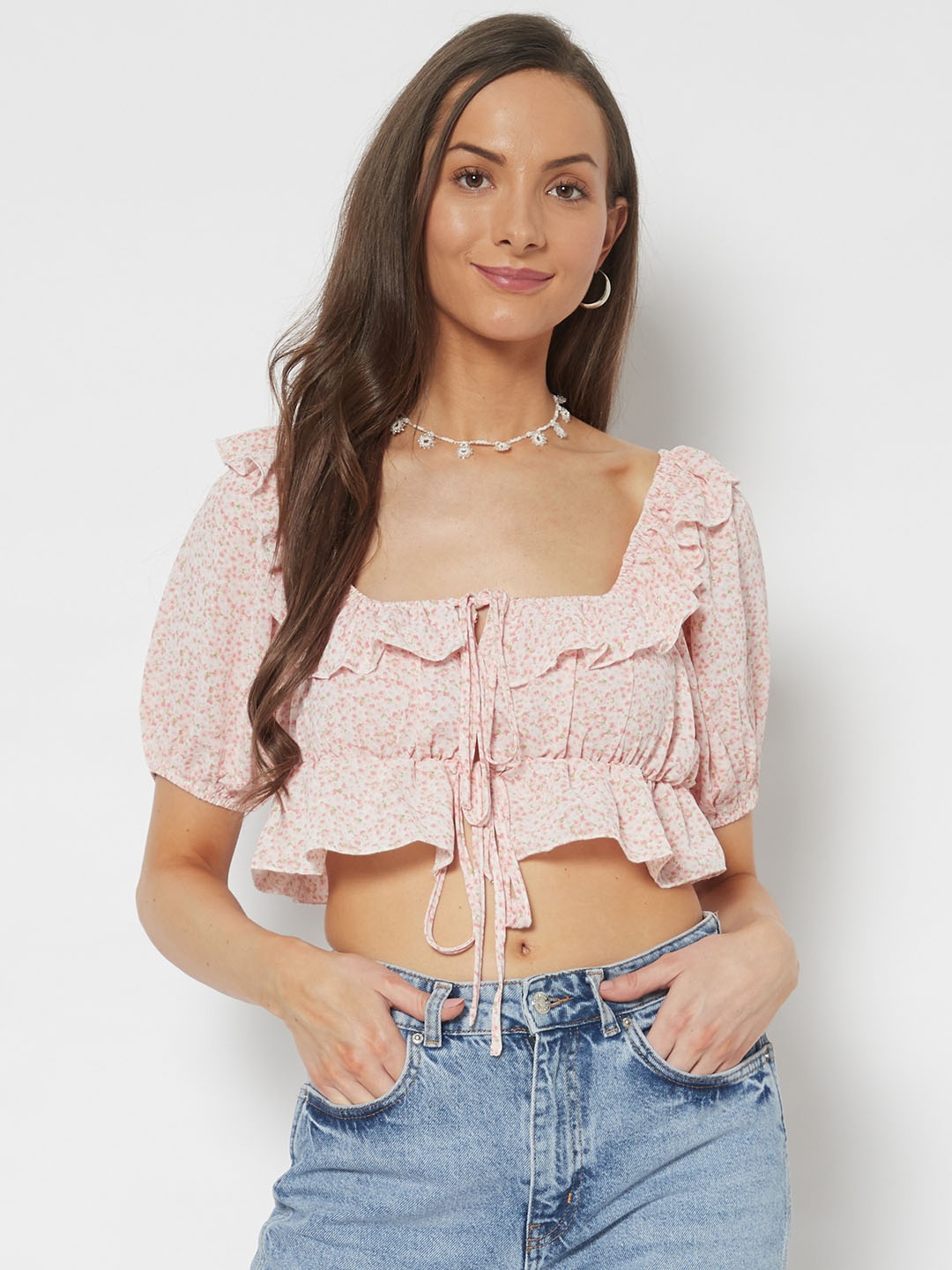 

URBANIC Pink & White Floral Print Ruffled Crop Top